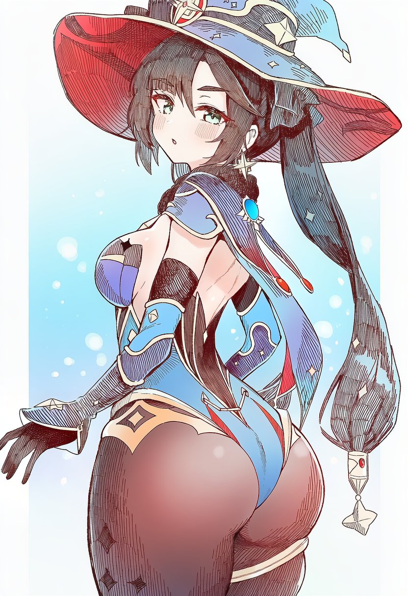 1girls, 2026, ai generated, ass, ass focus, back, back view, big ass, black hair, blue background, breasts, clothed, clothing, color, colored, female, female only, fully clothed, genshin impact, green eyes, hair, hat, hi res, hoyoverse, jeje box, legs, legwear, light skin, light-skinned female, long hair, looking at viewer, looking back, medium breasts, mihoyo, mona (genshin impact), simple background, solo, thick thighs, thighs, white background