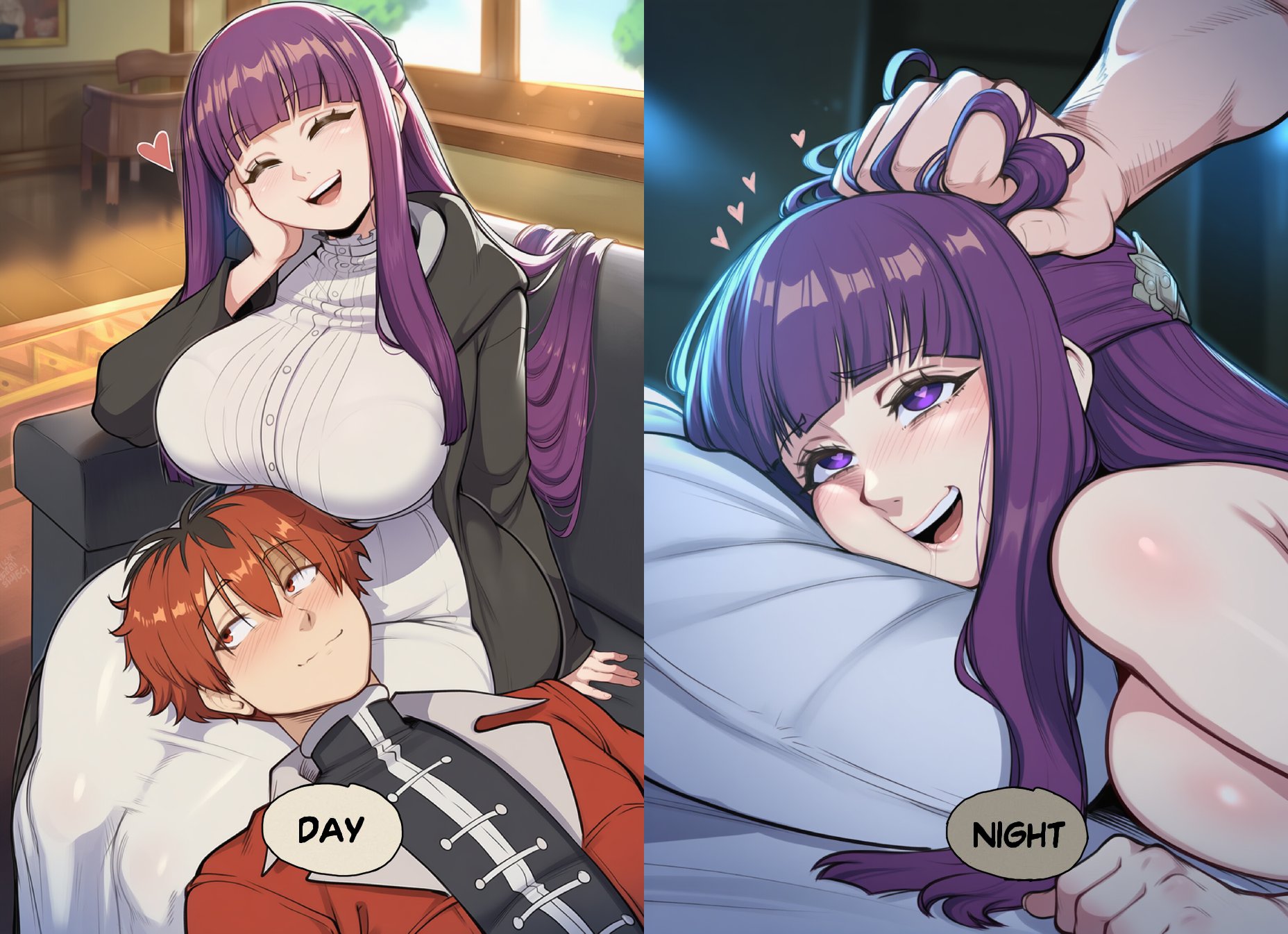 1boy, 1girls, 2koma, ai generated, bed, bedroom, big breasts, breasts, day, day and night, day vs night, dijiai, femsub, fern (sousou no frieren), frieren beyond journey's end, hair, hair grab, huge breasts, large breasts, light skin, light-skinned female, light-skinned male, long hair, maledom, meme, night, on bed, on lap, pillow, purple eyes, purple hair, red eyes, red hair, sex, short hair, sometimes like this also like that, sousou no frieren, stark (sousou no frieren)