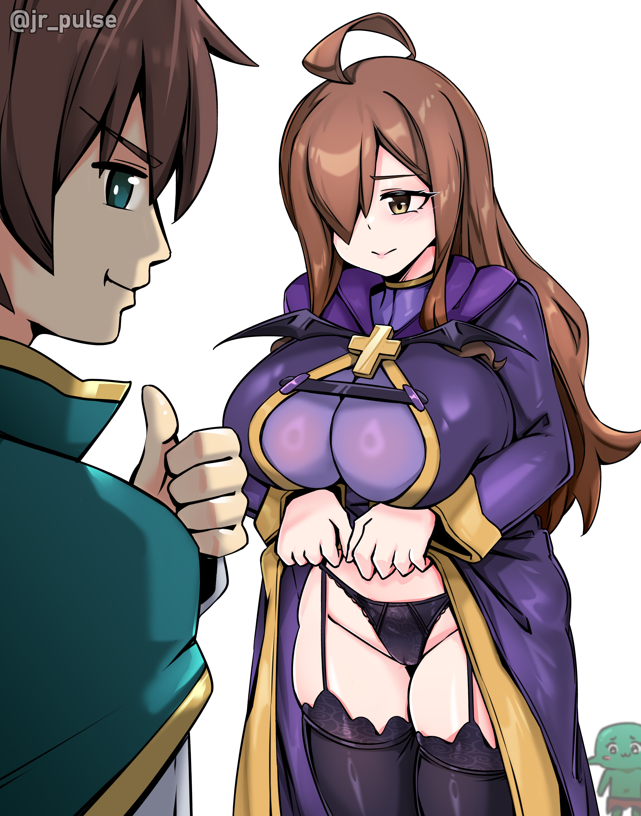 1girls, 2026, big breasts, brown hair, clothing, female, female focus, hair over one eye, jrpuls3, kono subarashii sekai ni shukufuku wo!, legs together, long hair, panties, satou kazuma, thick, thick thighs, thighhighs, wiz (konosuba)