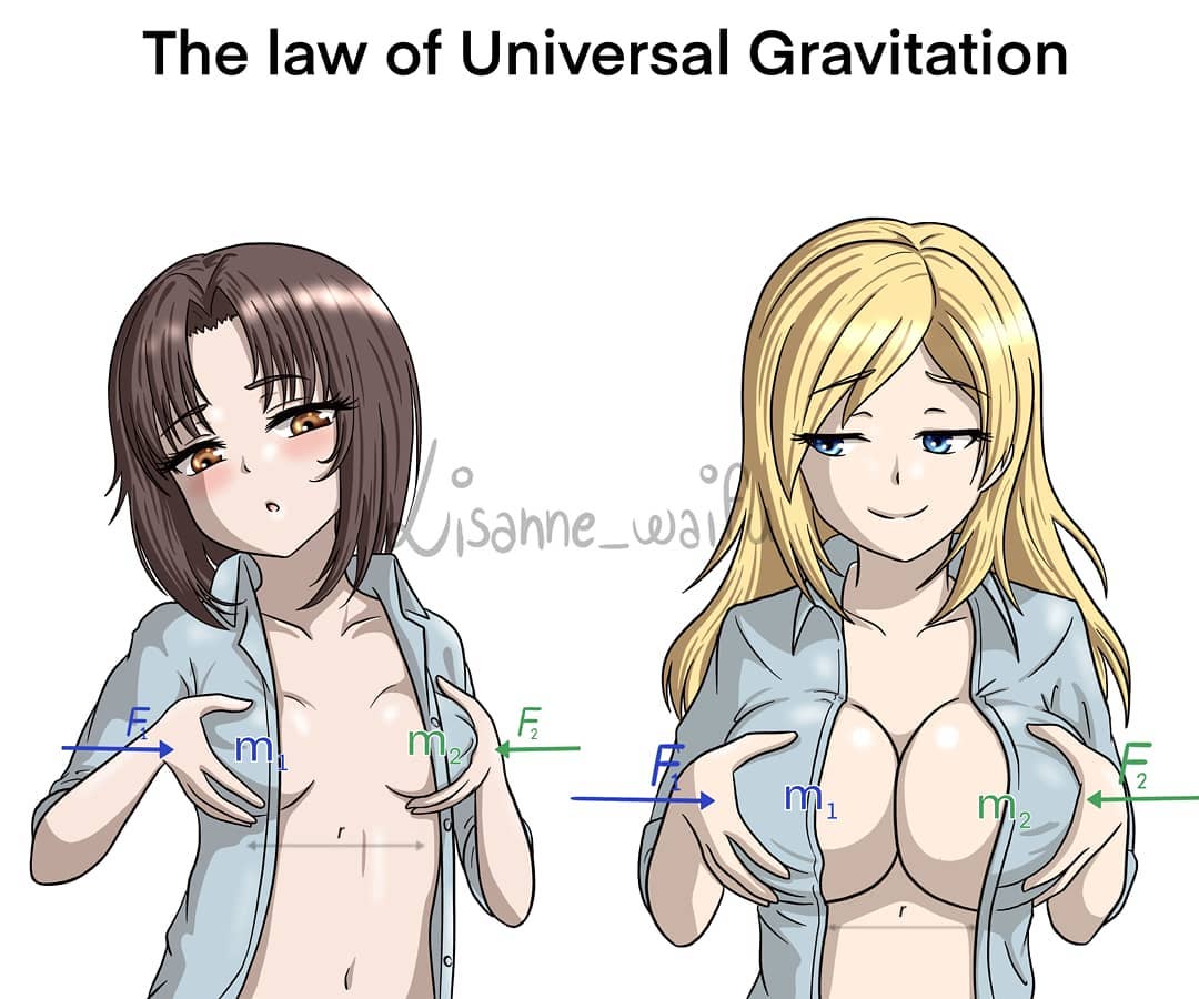 2020, 2girls, artist name, bare arms, blonde hair, blue eyes, blush, breast envy, breast fondling, breast grab, breast squeeze, breasts, brown eyes, brown hair, cleavage, clothing, educational, english text, eyebrows visible through hair, female, female only, half-closed eyes, highres, large breasts, lisanne waifu, long hair, looking at another, multiple females, multiple girls, navel, no bra, open clothes, open mouth, open shirt, original, personification, science, self fondle, shirt, short hair, simple background, small breasts, smile, smirk, smug, standing, text, tongue, universal gravitation, watermark, white background