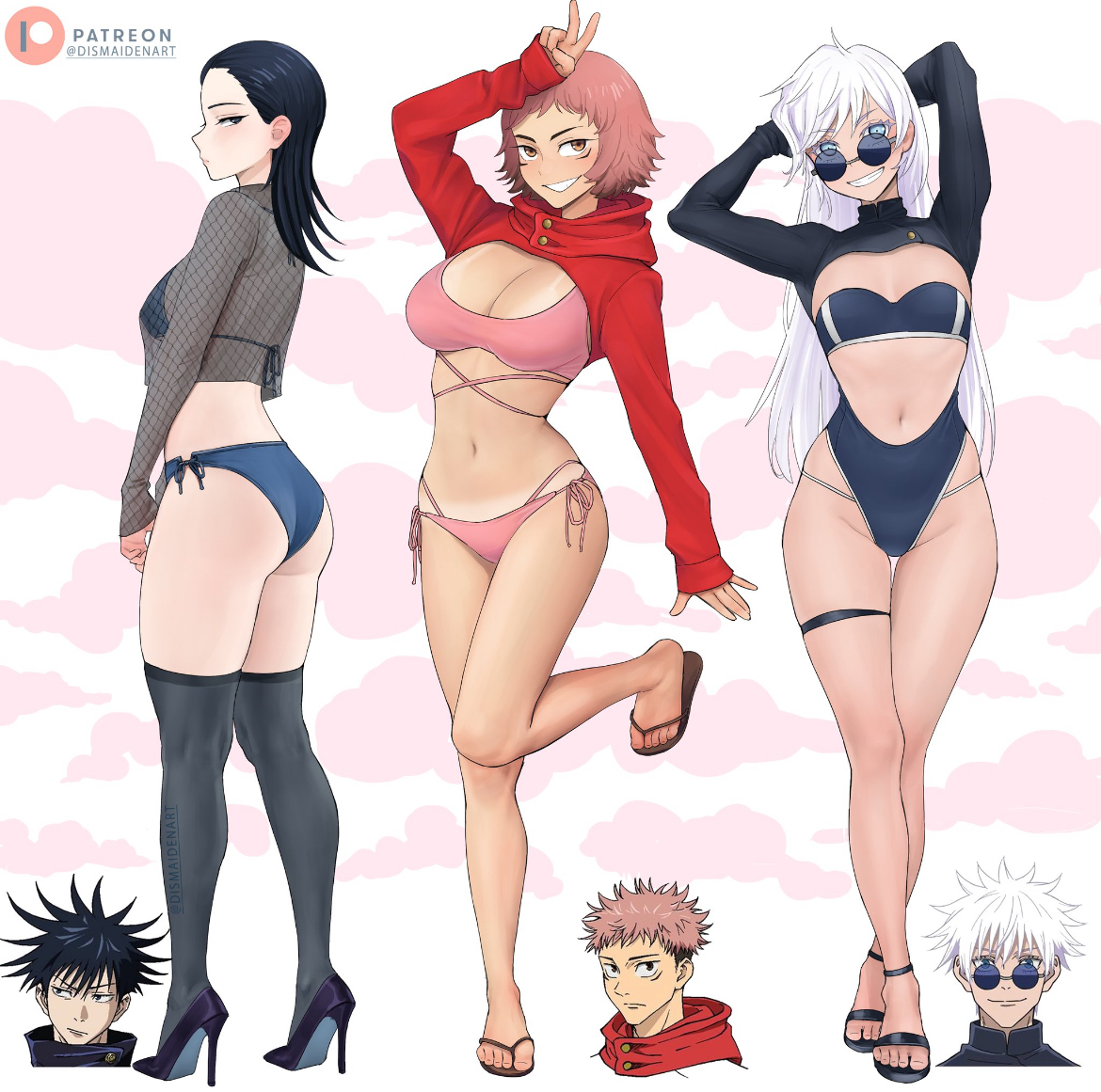 3girls, ass, belly, black hair, booty, cleavage, cute, cute butt, cute face, dismaiden, female, flip flops, fushiguro megumi, high heels, hips, itadori yuuji, jujutsu kaisen, looking at viewer, midriff, multiple girls, petite, petite body, petite female, pink hair, posing, posing for the viewer, revealing, revealing clothes, rule 63, satoru gojo, sexy, sexy body, sexy clothing, shoes, skinny, skinny female, skinny waist, slender body, slender waist, small breasts, stiletto heels, swimsuit, thighhighs, tummy, white hair