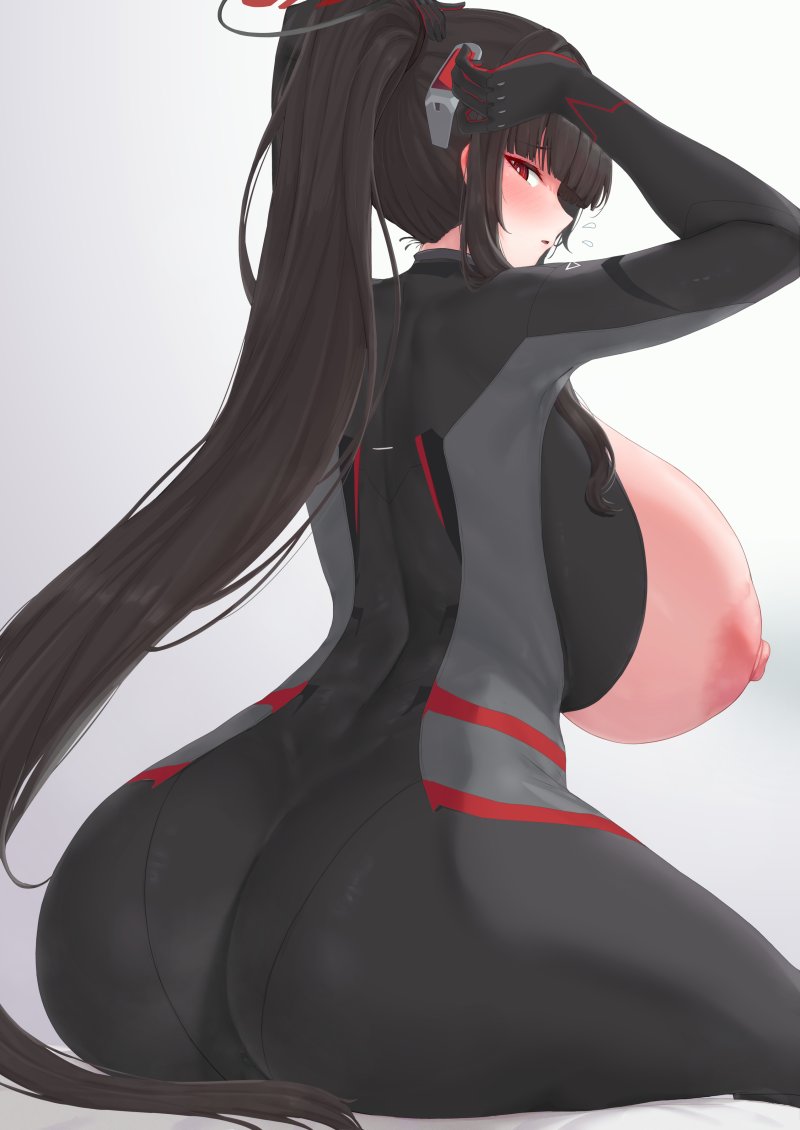 1girls, 2026, ass, back, back view, big ass, big breasts, black hair, blue archive, blush, bodysuit, breasts, breasts bigger than head, breasts out, clothed, clothing, color, colored, digital media (artwork), female, female only, hi res, huge breasts, jefflink, light skin, light-skinned female, long hair, looking at viewer, looking back, millennium science school student, nipples, red eyes, rio (armed) (blue archive), rio (blue archive), seminar (blue archive), simple background, sitting, solo, thick thighs, thighs, white background