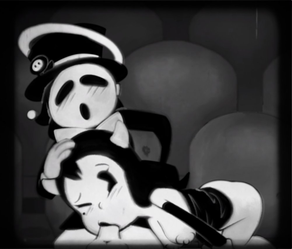 1boy, 1girls, alice angel, altccup, angel, anti groove, bendy and the ink machine, black and white, blowjob, halo, hand on head, horn, horns, mask, monochrome, movie theater, no bra, no panties, shy guy, theater, top hat, tophat