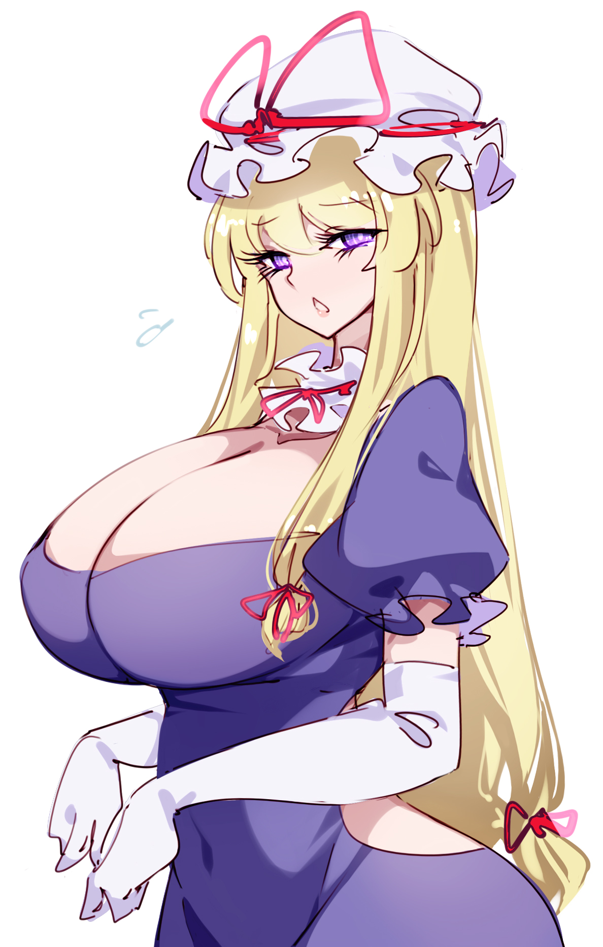 1girls, 2026, bare midriff, big breasts, breasts, breasts bigger than head, clothed, clothing, color, colored, digital media (artwork), female, female only, fully clothed, hair, hat, hi res, huge breasts, large breasts, light skin, light-skinned female, long hair, open mouth, purple eyes, raptor7, simple background, solo, touhou, touhou project, white background, yakumo yukari, yellow hair, yukari yakumo