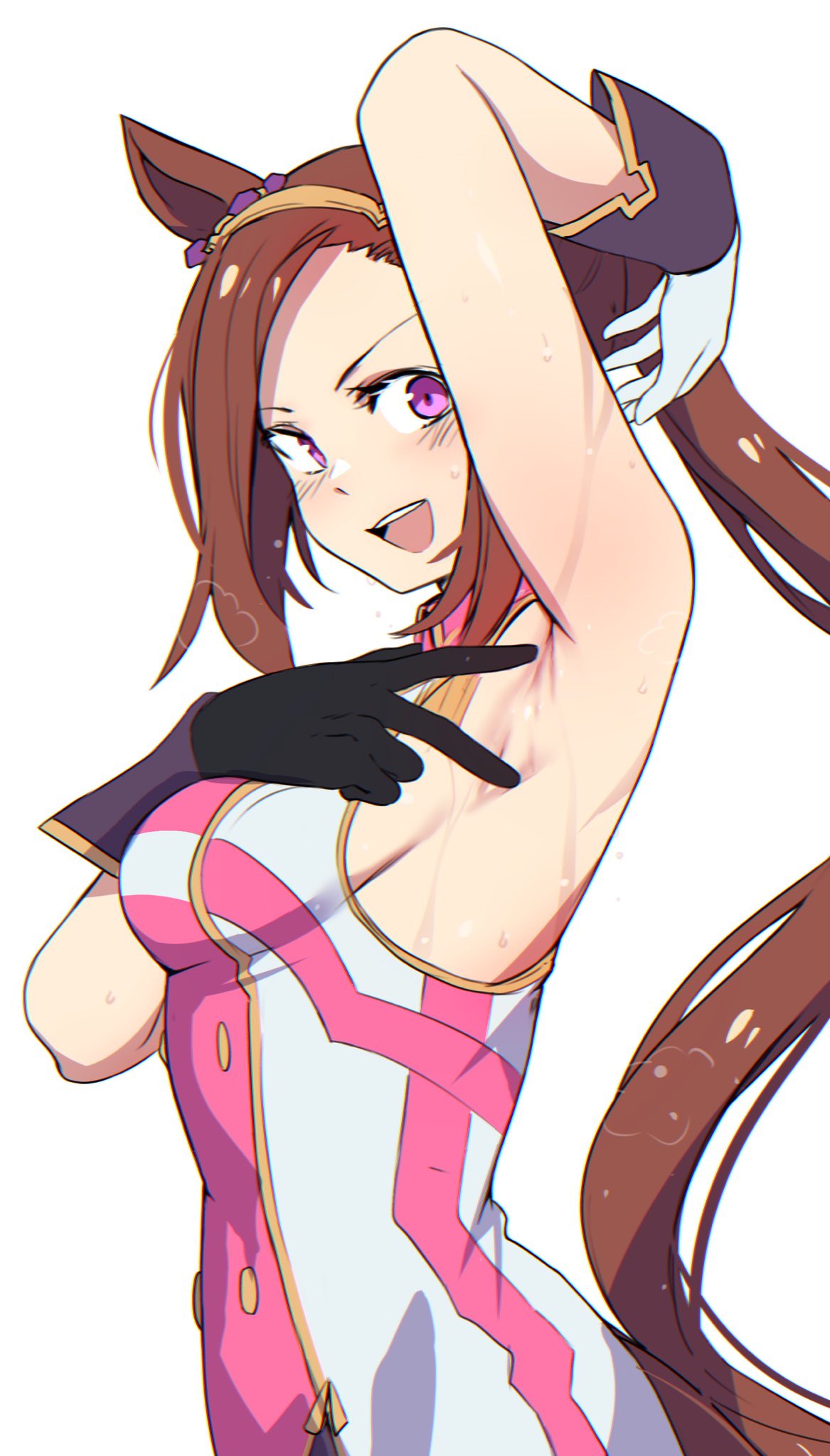 1girls, animal ears, armpits, brown hair, detached collar, female, female only, gloves, hairband, hinghoi, horse ears, looking at viewer, one arm up, open mouth, ponytail, purple eyes, sakura bakushin o (umamusume), simple background, tagme, umamusume, umamusume pretty derby, white background