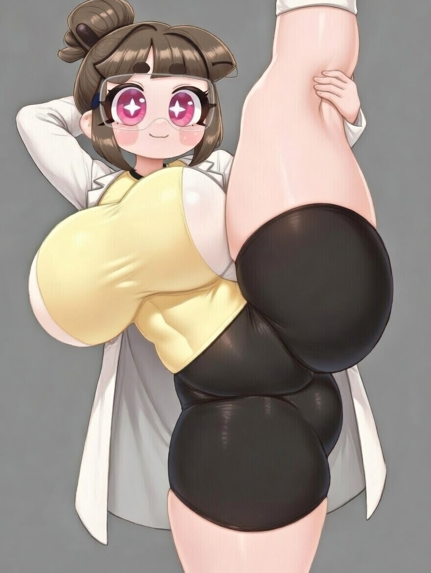 1girls, big breasts, brown hair, female, female only, glasses, labcoat, pink eyes, pochi (pochi science), pochi art, pochi science, tagme