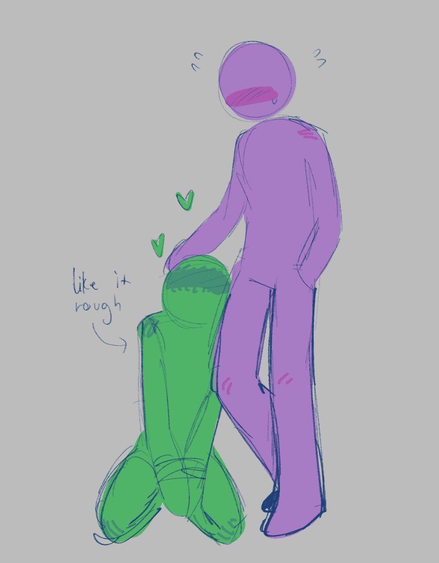alan becker, animation vs minecraft, blush, circle head, english text, gay, green (avm), grey body, head pat, heart, male only, male/male, no genitals, no sex, non-human, non-human only, on knees, purple (avm), purple skin, ship dynamics, simple background, standing, sweat, tied, tied arms, toony, yaoi
