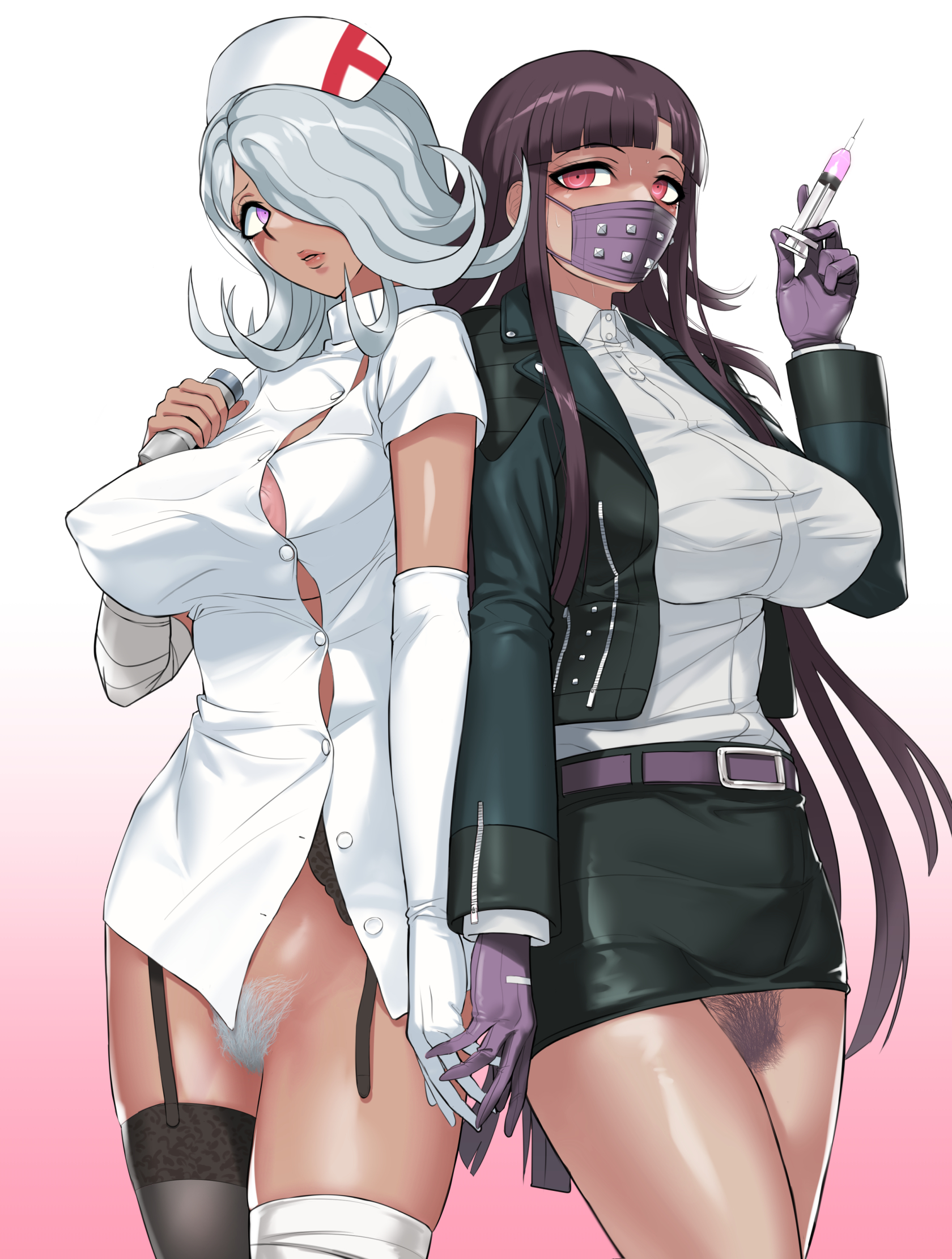 2girls, akizora, areolae, bottomless skirt, breasts, danganronpa, danganronpa 2: goodbye despair, danganronpa 3, elbow gloves, erect nipples, face mask, facemask, female, female only, gloves, grey hair, grey pubic hair, huge breasts, kimura seiko, kimura seiko (cosplay), mask, mouth mask, multiple females, multiple girls, needle, nipple bulge, nipples, nurse, nurse cap, outfit swap, pubic hair, pussy, pussy hair, short skirt, skirt, straight hair, syringe, tan body, tsumiki mikan, tsumiki mikan (cosplay), white pubic hair, wide hips, yuri