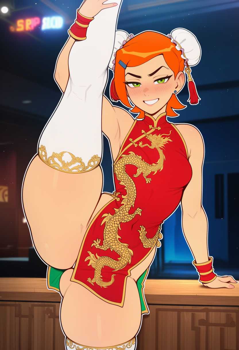 ai generated, ben 10, cheongsam, china dress, chinese clothes, female, female only, flexible, gwen tennyson, legs up, one leg up, orange hair, red sclera, sexy, sexy pose, skimpy clothes, smiling