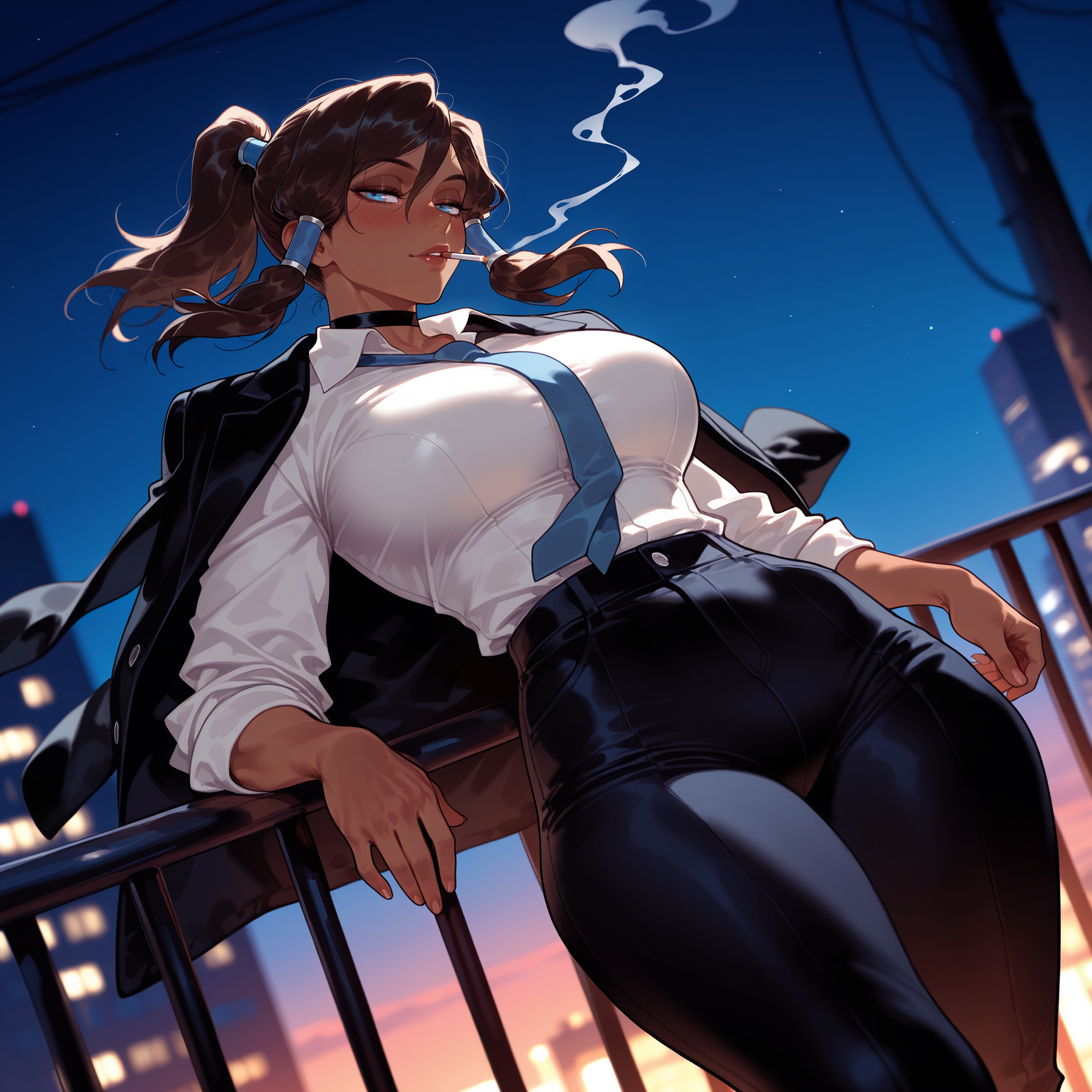 1girls, against railing, ai generated, alternate costume, avatar the last airbender, balecxi, black choker, black jacket, black pants, blue eyes, blue necktie, blurry background, blush, breasts, brown hair, choker, cigarette, city lights, cityscape, clothing, collared shirt, curvaceous, curvaceous female, curvaceous figure, curvy, curvy figure, dark skin, dark-skinned female, dress shirt, dutch angle, female, female focus, female only, formal, gradient sky, hair between eyes, hair tubes, high-waist pants, jacket, jacket on shoulders, korra, large breasts, leaning back, lips, long hair, long sleeves, looking at viewer, mouth hold, necktie, night, night sky, outdoors, pant suit, pants, parted lips, ponytail, railing, shirt, shirt tucked in, sidelocks, sky, sleeves rolled up, smoke, smoking, solo, suit, the legend of korra, thick thighs, thighs, voluptuous, voluptuous female, white shirt