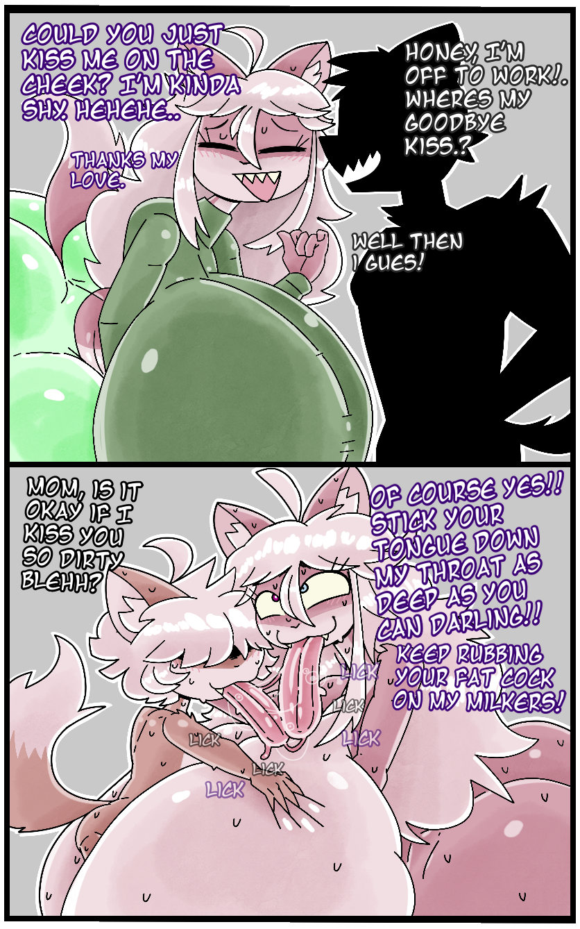 :3, 2 panel comic, 2koma, alpha channel, anthro, between breasts, big breasts, blush, bodily fluids, border, bottomwear, breast grab, breasts, brown fur, cheating, cheating wife, closed eyes, closed eyes smile, clothed, clothing, comic, conna rose, dipstick tail, domestic cat, english text, exclamation point, fangs, felid, feline, felis, female, french kiss, french kissing, furenna rose, furry, furry ears, furry female, furry only, furry tail, furu flami, group, hair, hair between eyes, hand on breast, heterochromia, hi res, huge ass, huge breasts, husband and wife, hyper, hyper ass, hyper breasts, incest, incest (lore), incestuous kiss, infidelity, kissing, long hair, long tongue, lying, male, male/female, mammal, markings, messy hair, mother (lore), mother and child (lore), mother and son, mother and son (lore), multicolored body, ntr, nude, open mouth, paizuri, pants, parent (lore), parent and child (lore), parent and son (lore), question mark, sex, silhouette, size difference, sloppy kiss, smile, smiling, son (lore), straight, sweat, sweater, tail, tail markings, text, titjob, tongue, tongue out, topwear, transparent border, trio, two tone body, white hair
