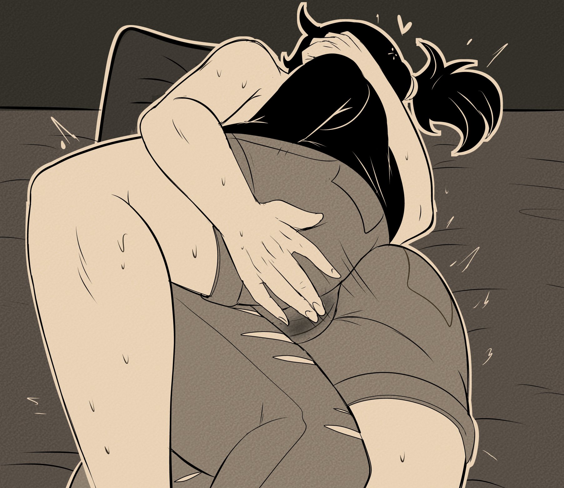 1boy, 1girls, 2d, andrew graves, arm around partner, ashley graves, ass, bed, black hair, brother and sister, clothed, cuddling, embrace, female, fuzzlogik, hug, hugging, incest, lying in bed, lying on side, male, ponytail, rubbing pussy, rubbing pussy through clothing, siblings, straight, sweat, sweaty, the coffin of andy and leyley, wet, wet pussy