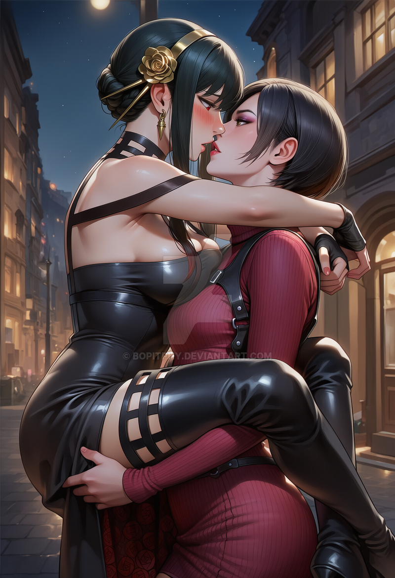 2girls, ada wong, ai generated, black dress, black hair, blush, bopitphy, breast press, breasts, brown eyes, capcom, carrying, chinese female, couple, crossover, dress, duo, earrings, eye contact, eyeshadow, female only, female/female, half-closed eyes, hugging, imminent kiss, jewelry, kissing, lips, lipstick, long hair, love, makeup, medium breasts, multiple females, multiple girls, mutual yuri, night, night sky, purple eyeshadow, red dress, red eyes, red lipstick, resident evil, resident evil 4, romantic, romantic couple, short dress, short hair, sky, spy x family, symmetrical docking, yor briar, yuri