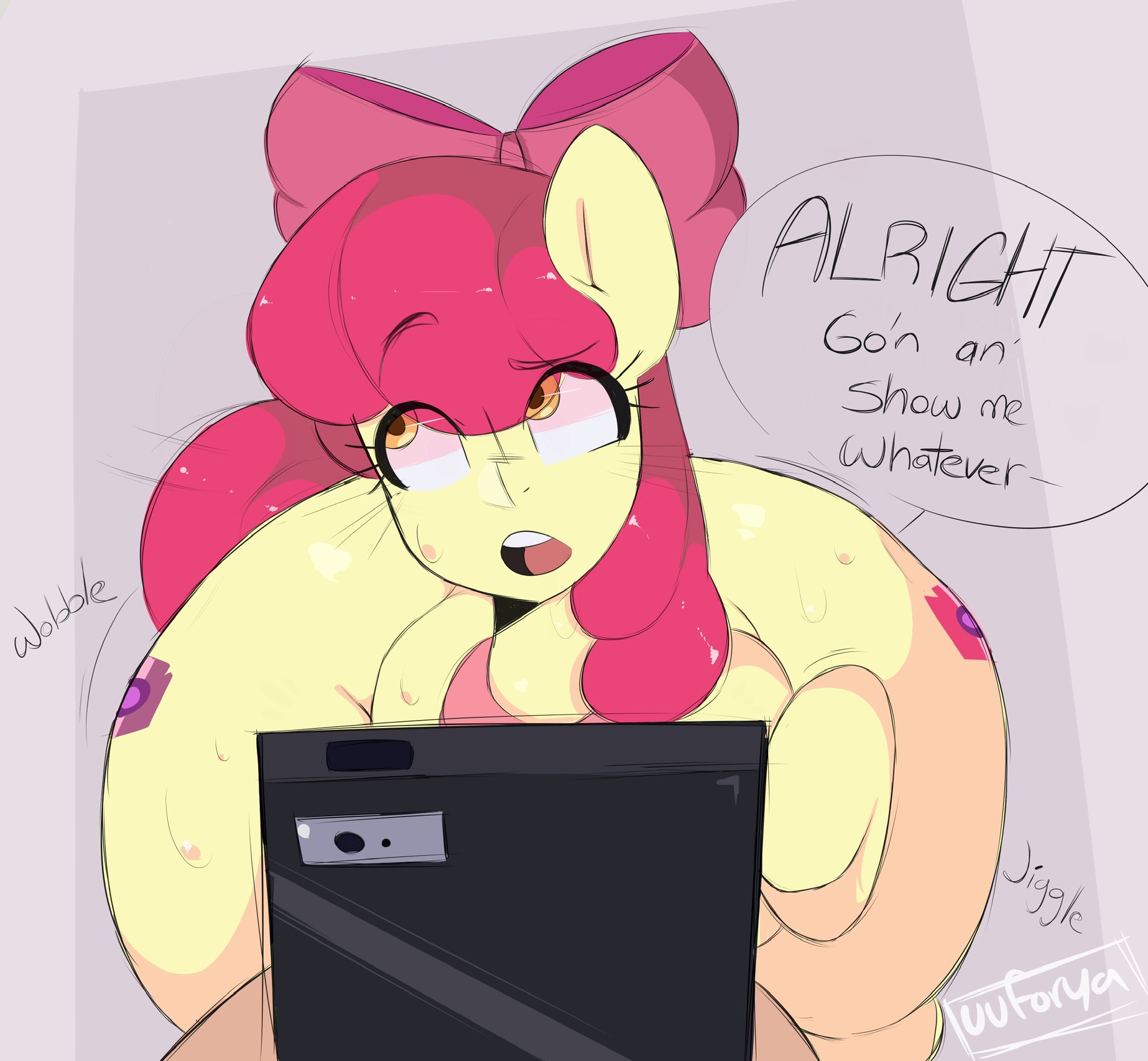 2d, aged up, apple bloom (mlp), big ass, english text, feral, hasbro, my little pony, pony, speech bubble, tagme, text, uuforya