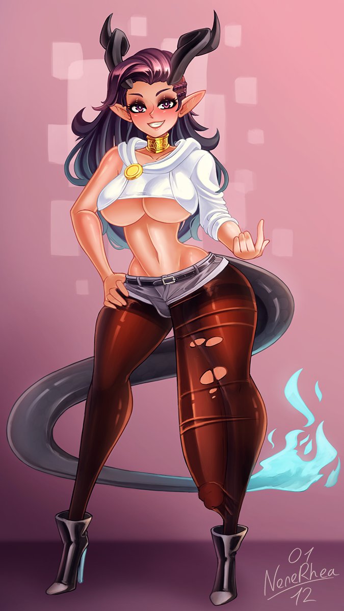 big breasts, breasts, collar, commission, futa only, futanari, high heel boots, high heels, horns, hourglass figure, huge cock, huge penis, intersex, long hair, nenerhea, original character, penis, penis under clothes, pointy ears, solo, tail, torn legwear, underboob, very long penis, wide hips