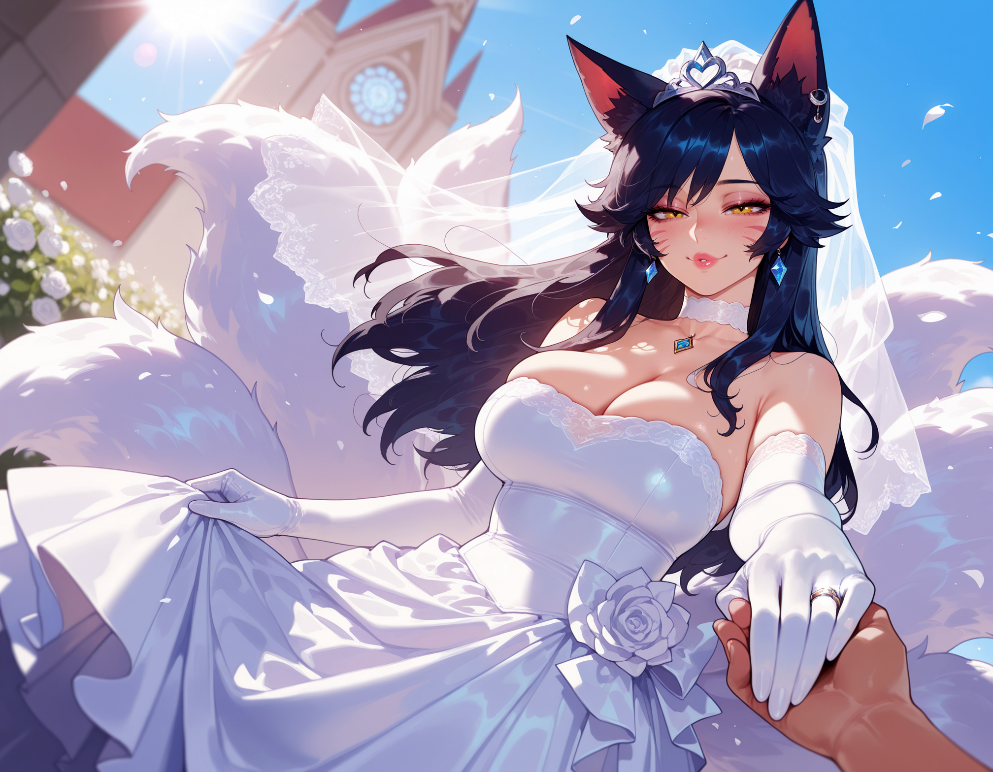 1boy, 1girls, ahri, ahri (league of legends), ai generated, animal ear fluff, animal ears, animal tail, balecxi, bangs, bare shoulders, big breasts, black hair, blue sky, blush, breasts, bridal veil, bride, choker, church, cleavage, clock, clock tower, clothing, collarbone, curvaceous, curvaceous female, curvaceous figure, curvy, curvy figure, day, dress, dutch angle, earrings, elbow gloves, facial mark, falling petals, female, female focus, flower, fox ears, fox girl, fox tail, gem, glint, gloves, half-closed eyes, hi res, highres, holding hands, jewelry, kitsune, kyuubi, league of legends, lips, long hair, looking at viewer, low neckline, makeup, multiple tails, necklace, ornate ring, out of frame, outdoors, petals, pink lips, pov hands, presenting, presenting breasts, presenting self, ring, riot games, rose, seductive, seductive look, seductive smile, see-through, skirt hold, sky, slit pupils, smile, solo focus, strapless, strapless dress, sun, sunlight, swept bangs, tail, tiara, tower, veil, voluptuous, voluptuous female, wall clock, wedding, wedding dress, wedding ring, whisker markings, white choker, white dress, white flower, white gloves, white rose, yellow eyes