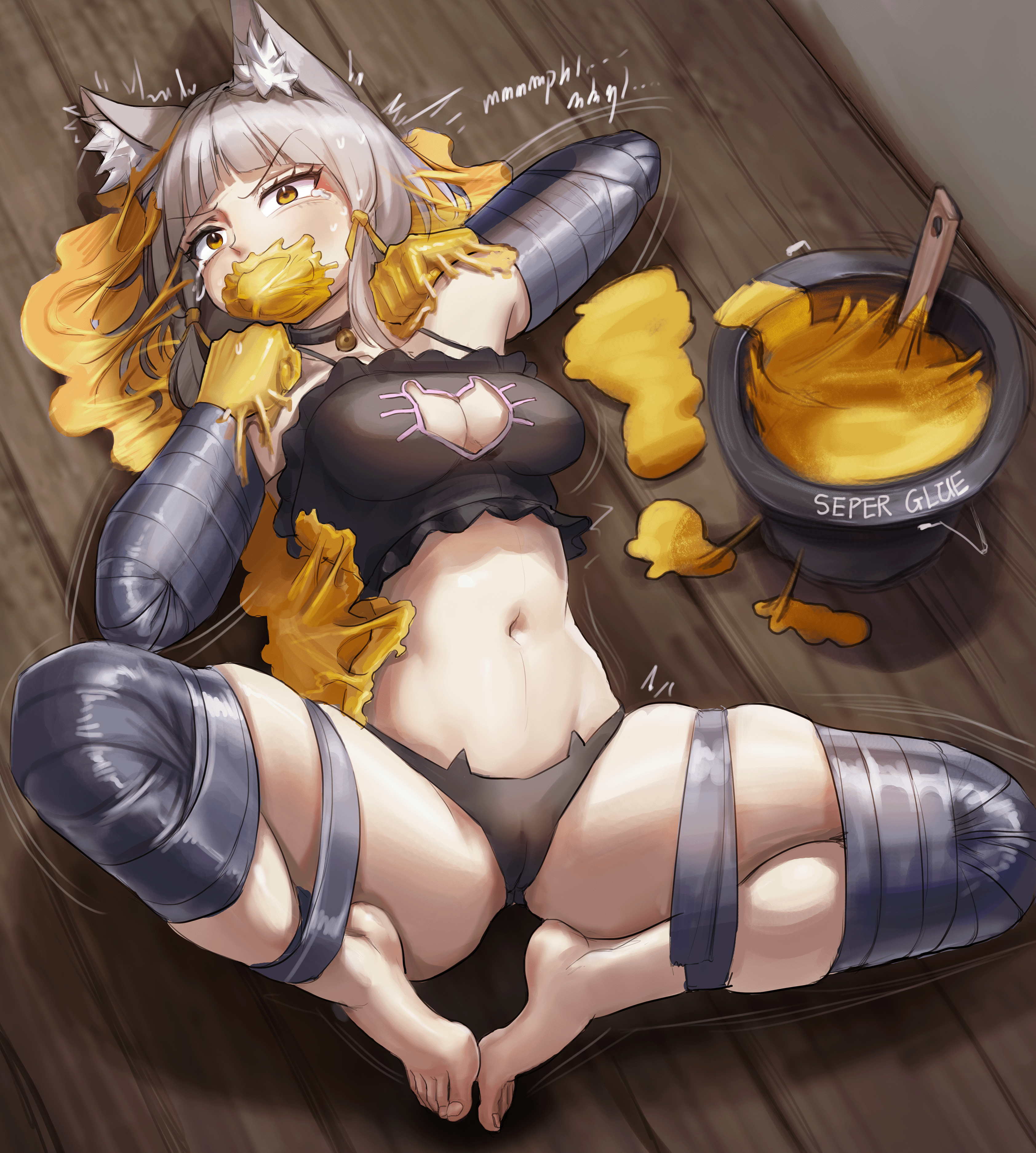 1girls, bell, bell collar, bitchsuit, bondage, bound, bound arms, bound hands, bound legs, cat ears, catgirl, cleavage, cleavage cutout, clothing cutout, collar, collar bell, female, female only, femsub, gag, gagged, glue, nia (xenoblade), png, revealing clothes, sticky restraint, tape, xenoblade (series), xenoblade chronicles 2, zerosmath