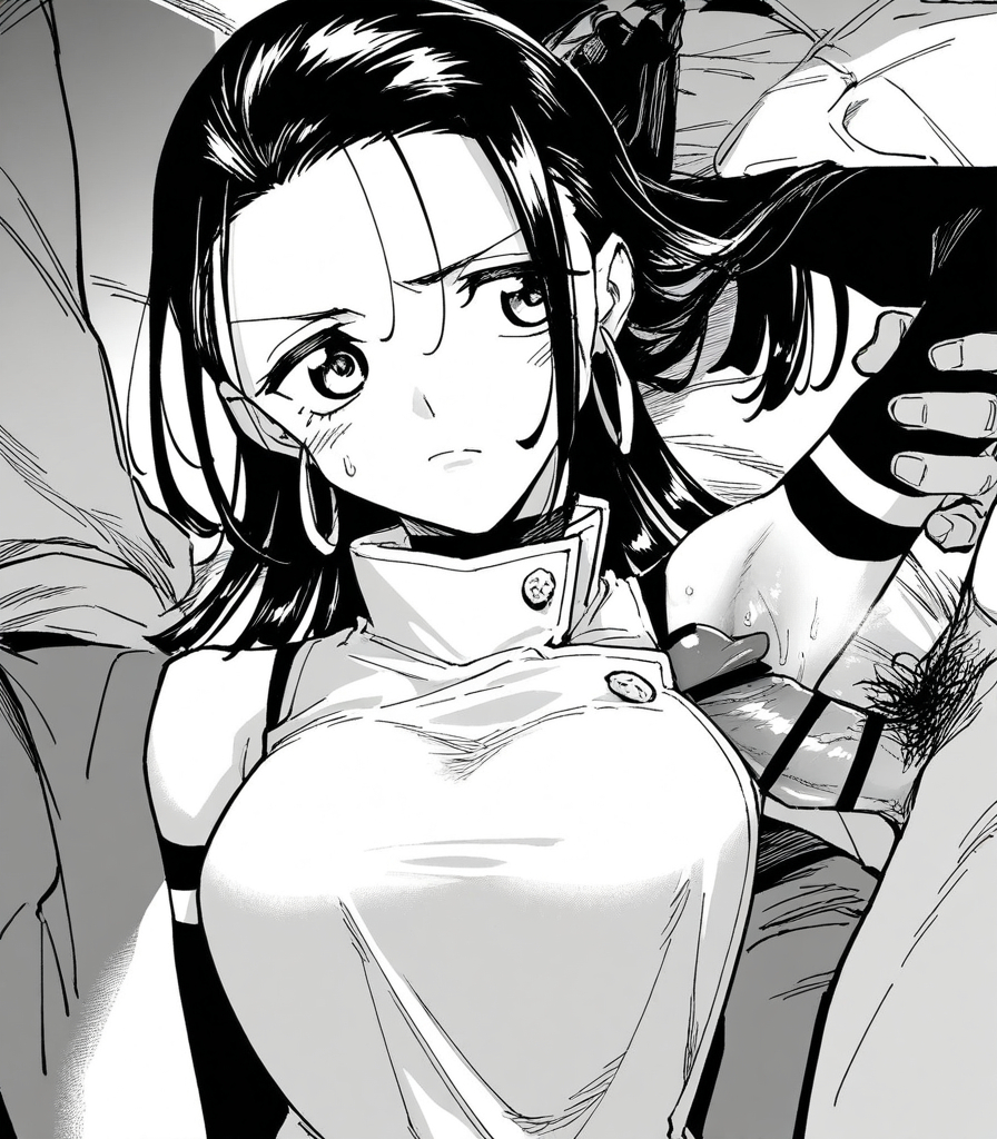 1girls, ai generated, annoyed expression, armpits, blue eyes, breasts, cock, dark, earrings, female, hair, jujutsu kaisen, jujutsu kaisen modulo, multiple males, yuka okkotsu