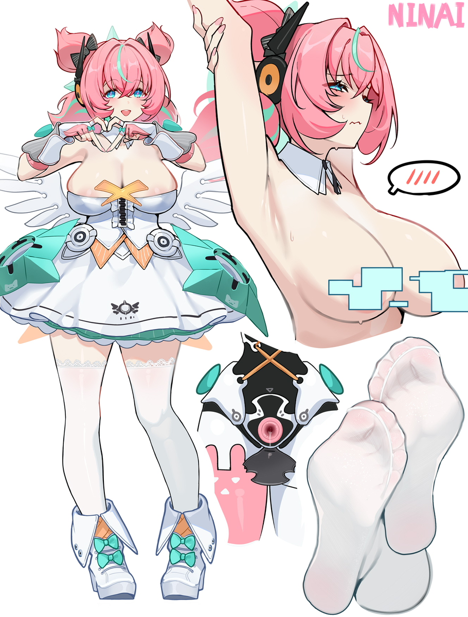 1girls, aged up, angels of delusion, aria (zenless zone zero), aria (zenless zone zero) (human form), aria (zenless zone zero) (robot form), arm up, armpits, arms behind head, arms up, blue eyes, breasts, clothing, dress, feet, feet focus, female, fingerless gloves, foot fetish, fully clothed, gloves, highres, large breasts, looking at viewer, multiple views, ninai, nipple censor, nipples, open mouth, pink hair, soles, thighhighs, twintails, voluptuous, white dress, white legwear, white thighhighs, wide hips, yutane johiel, zenless zone zero