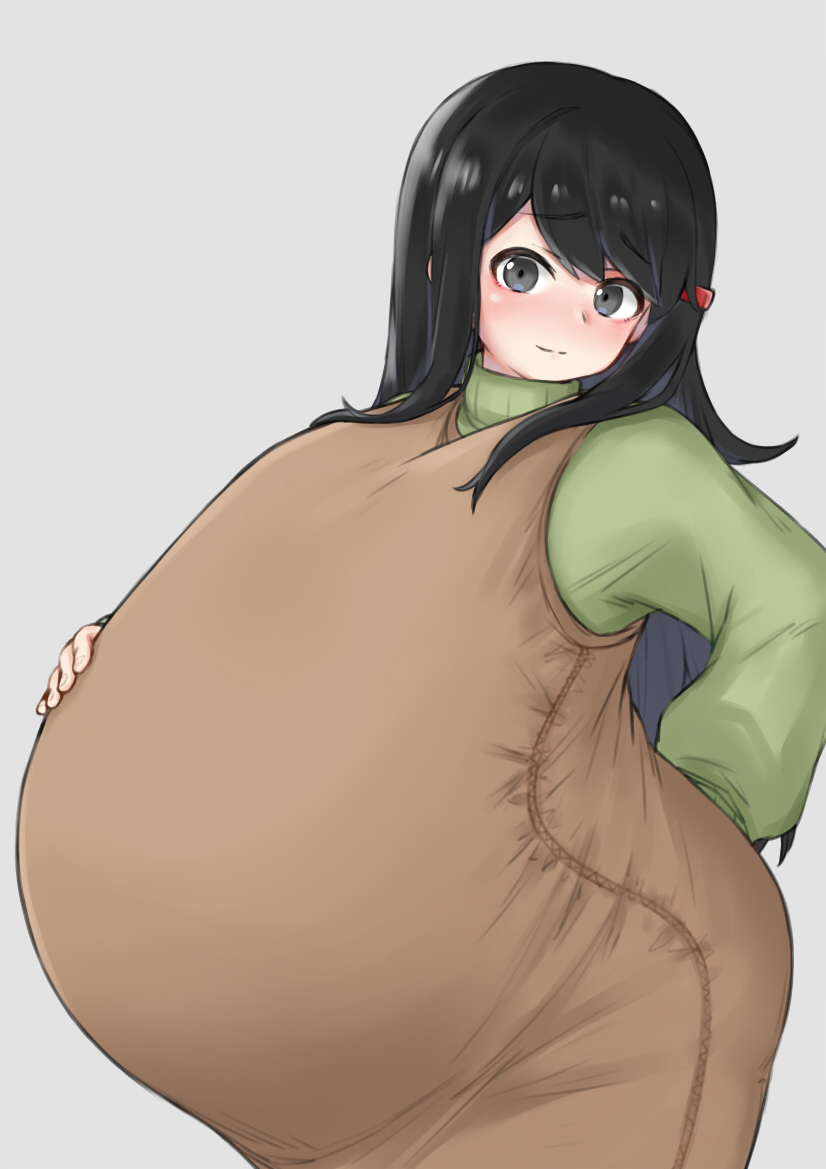 black eyes, black hair, female, female only, fully clothed, hand on belly, hand on stomach, huge belly, hyper, hyper belly, hyper pregnancy, long hair, looking at viewer, maternity clothes, maternity dress, original, original character, pregnant, ready to pop, smile, solo, sweater, turtleneck, turtleneck sweater, usagisentai