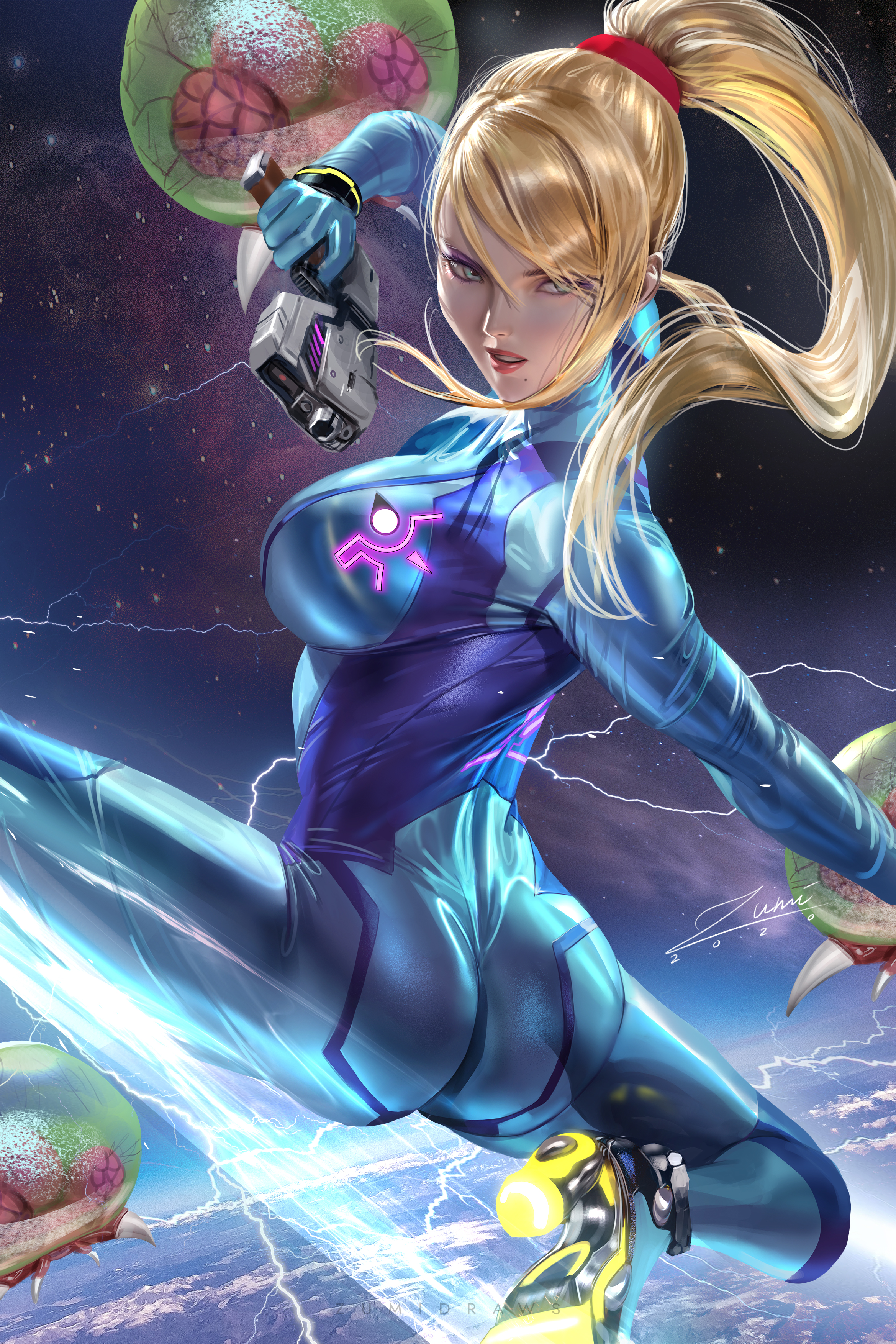 1girls, big breasts, blonde hair, blue eyes, breasts, female, female focus, female only, long hair, metroid, nintendo, samus aran, tagme, video game character, zero suit samus, zumi