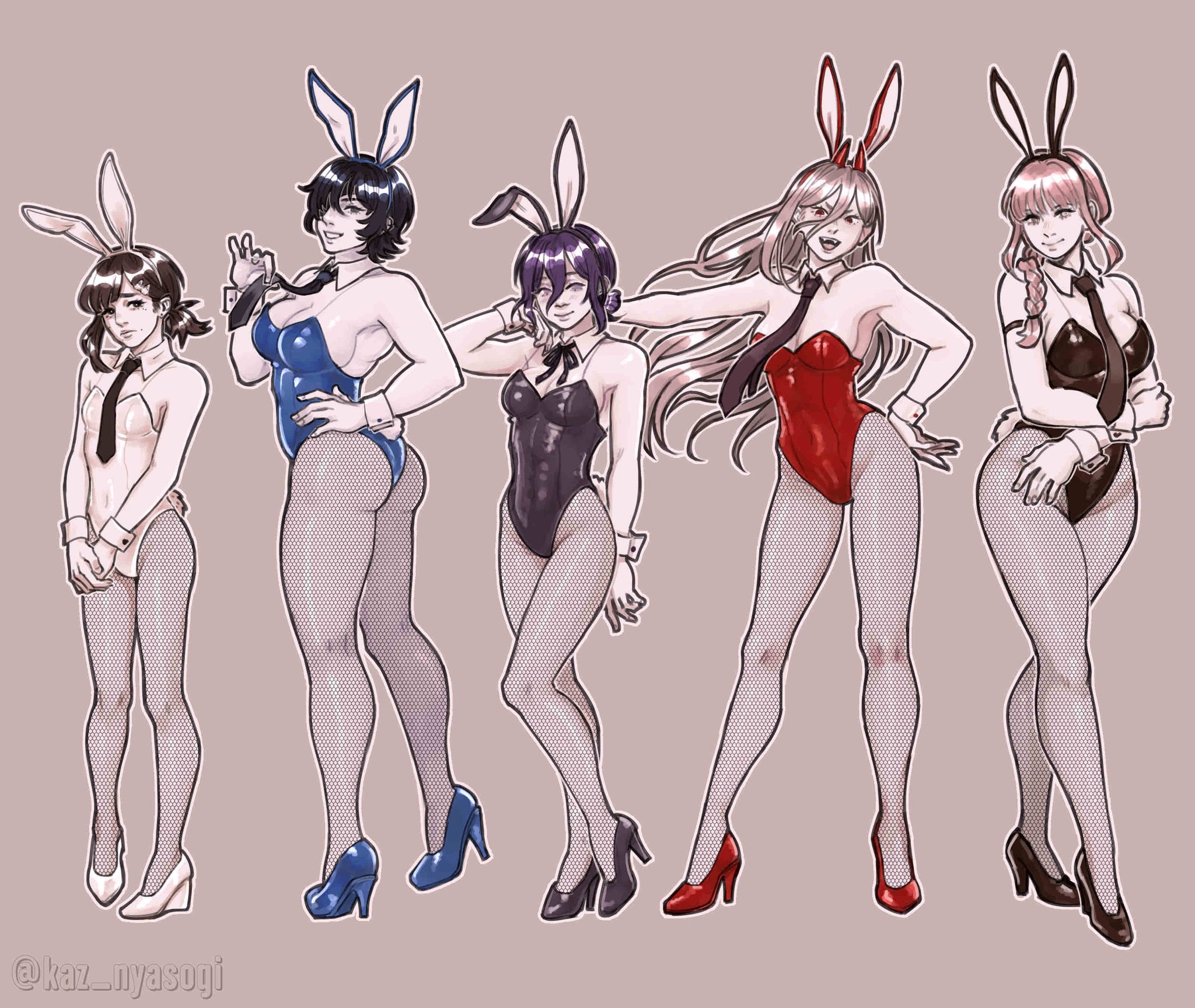 2d, 5girls, artist name, artist request, ass, big breasts, breasts, bunny ears, bunny girl, bunnysuit, chainsaw man, clothed, clothed female, color, female, female only, fishnet, fishnet pantyhose, full color, higashiyama kobeni, high heels, himeno (chainsaw man), huge breasts, kaz nyasogi, kobeni higashiyama, legs, leotard, light-skinned female, makima (chainsaw man), multiple girls, necktie, non-nude, pantyhose, playboy bunny, playboy bunny leotard, power (chainsaw man), pumps, reze (chainsaw man), seductive, shoes, shy, small breasts, strapless leotard, tagme (artist), thick thighs, thighs, tie, voluptuous, voluptuous female