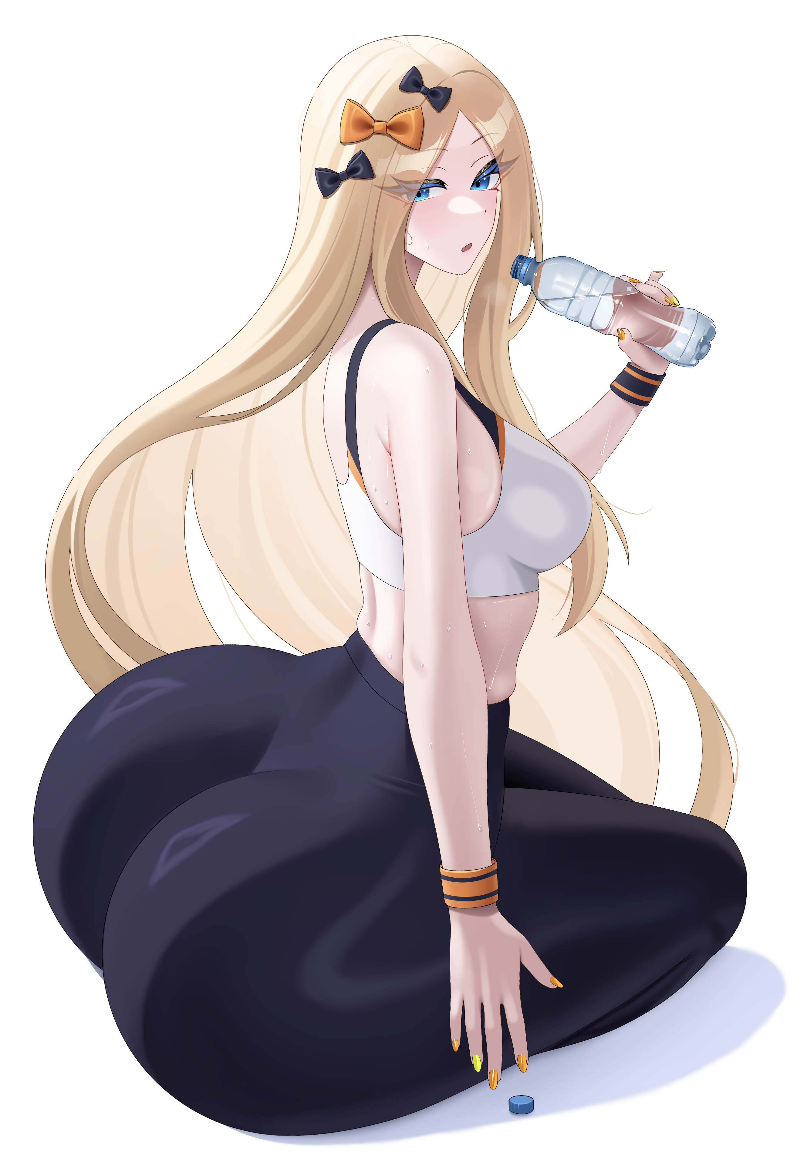 1girls, abigail williams (fate/grand order), after workout, aged up, ass, ass bigger than head, ass bigger than torso, big ass, blonde hair, bottle, bottom heavy, breasts, bubble butt, clothing, crop top, fat ass, fate (series), fate/grand order, female, female only, huge ass, large ass, looking at viewer, looking back, luunamito, massive ass, painted nails, pants, png, sitting, solo, sports bra, sweat, sweatdrop, sweaty body, thick ass, thick thighs, thunder thighs, water, water bottle, wide hips, yoga pants