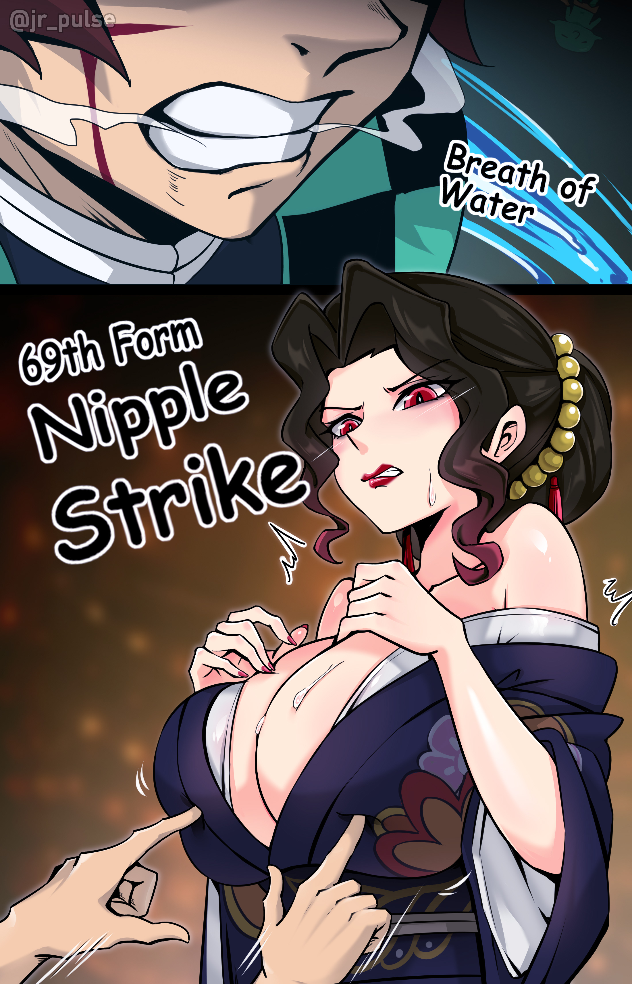 2026, big breasts, cleavage, demon slayer, female, female muzan, huge breasts, humor, jrpuls3, kamado tanjirou, kimetsu no yaiba, muzan kibutsuji, poking nipples, tagme
