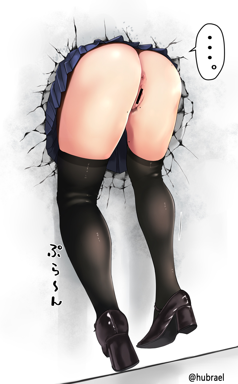 ... anus artist_name ass bar_censor black_legwear blue_skirt censored clothed commentary_request female female_pubic_hair glory_wall high_heels highres mary_janes misaki_takahiro mole mole_on_ass no_panties original pleated_skirt pubic_hair pussy school_skirt school_uniform shoes skirt skirt_lift solo spoken_ellipsis stuck thighhighs through_wall twitter_username wall