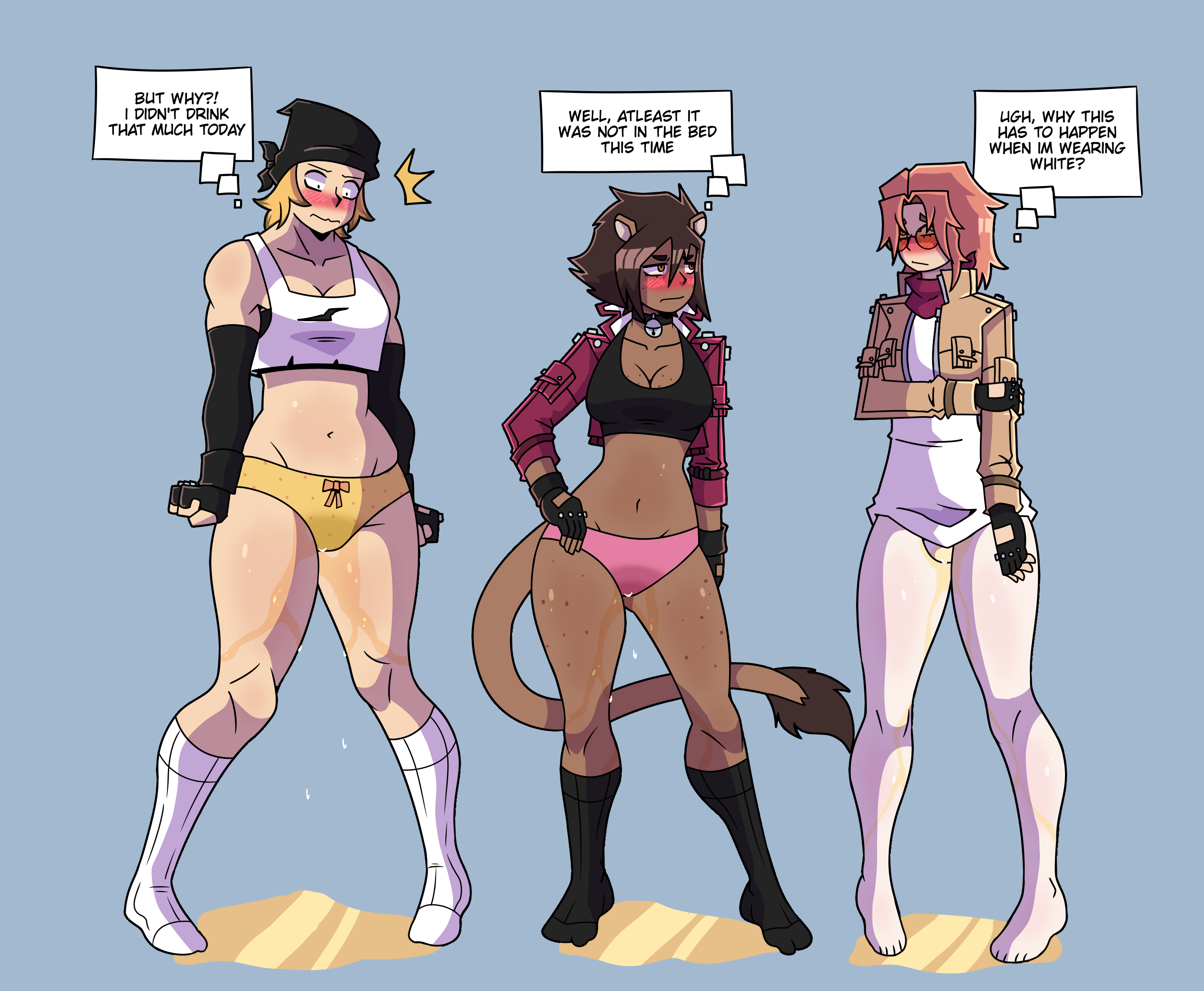 3girls, blonde hair, blush, brown hair, bulge, dark-skinned female, embarrassed, female, female focus, female only, gloves, humiliation, jacket, lion ears, muscular female, omorashi, original character, panties, pantyhose, peeing, peeing self, pink panties, red clothing, shiba (sikathehornyboy), sikathehornyboy, socks, tagme, tagme (character), tomboy, transgender, transgender woman, underwear, wet, wet clothes, wet panties, wetting, white legwear, white panties, white skin, yellow eyes, yellow panties
