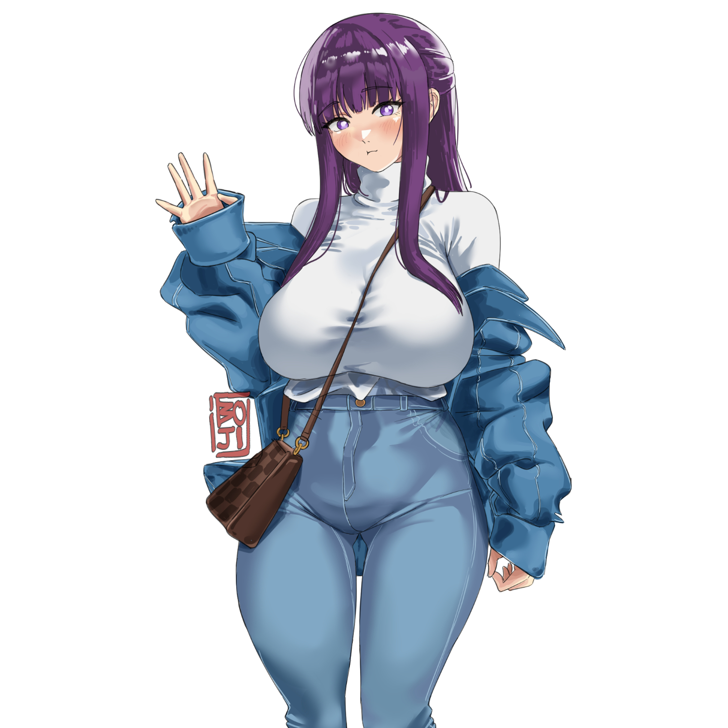 bag, blue coat, blunt bangs, blush, boji norn, breasts, casual, closed mouth, coat, commentary, denim, english commentary, female, fern (sousou no frieren), handbag, high-waist pants, highres, jeans, large breasts, long hair, pants, pout, purple eyes, purple hair, purple pupils, sidelocks, simple background, sleeves past wrists, solo, sousou no frieren, sweater, turtleneck, turtleneck sweater, waving, white background, white sweater