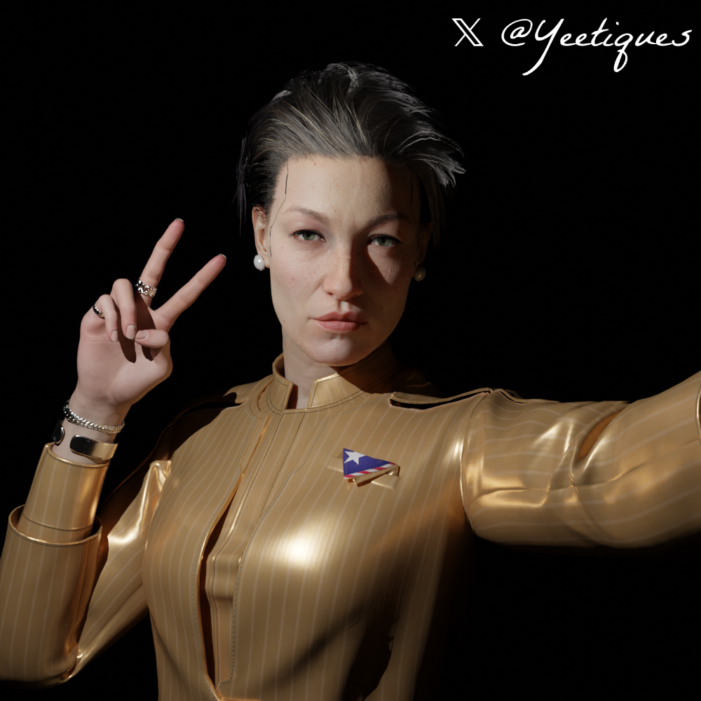 3d clothed cyberpunk_2077 female female_only green_eyes looking_at_viewer milf peace_sign rosalind_myers selfie yeetiques