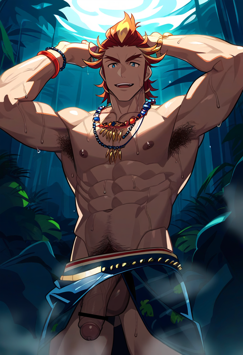 ai_generated akai_suzaku aonoshishi armpit_hair balls bara big_balls big_penis idolmaster idolmaster_side-m looking_at_viewer looking_down looking_down_at_viewer low-angle_view male male_nipples male_only male_pubic_hair muscular muscular_male nipples nude penis solo wet