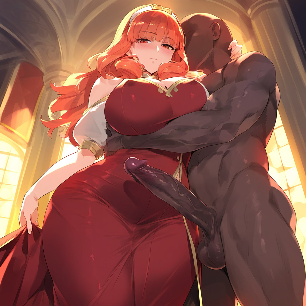 1boy, 1girls, age difference, ai generated, balls, blush, breasts, celica (fire emblem), clothed female nude male, dark skin, dark-skinned male, female, fire emblem, interracial, large breasts, male, medium hair, nude, older male and younger female, orange eyes, orange hair, penis, princess, royalty, straight, teenage female, teenager, testicles, uncensored