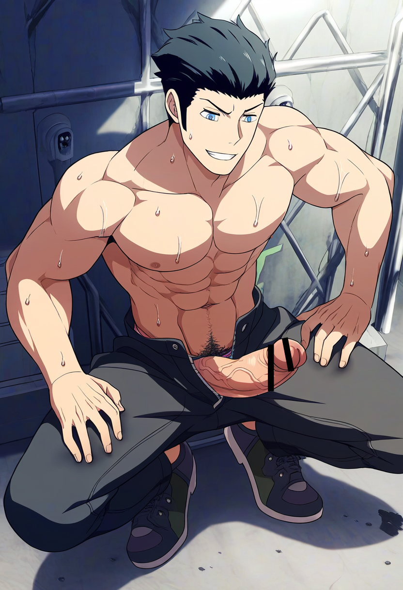 ai_generated aonoshishi bara big_penis clothing erection ikoma_tatsuhito male male_nipples male_only muscular_male nipples penis world_trigger