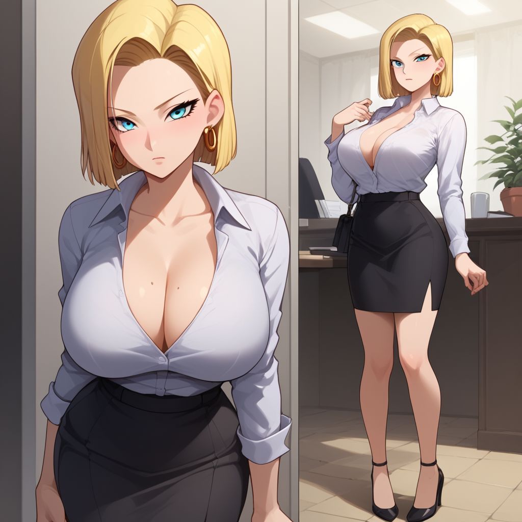 2koma ai_eyes ai_generated android_18 aqua_eyes big_breasts black_pantyhose black_pencil_skirt black_skirt blonde_hair breasts cleavage dragon_ball lastshadow13 looking_at_viewer mole mole_on_breast mole_on_breasts office office_lady pencil_skirt shirt skirt standing