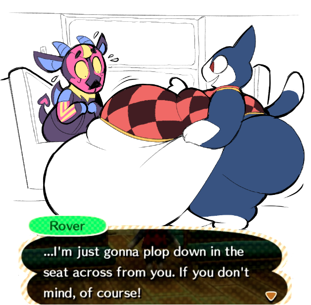 animal_crossing big_ass big_belly bootfromtv bubble_butt duo fat man_boobs nintendo rover_(animal_crossing) stretched_clothing sweating text_box train_interior uncolored_background white_text