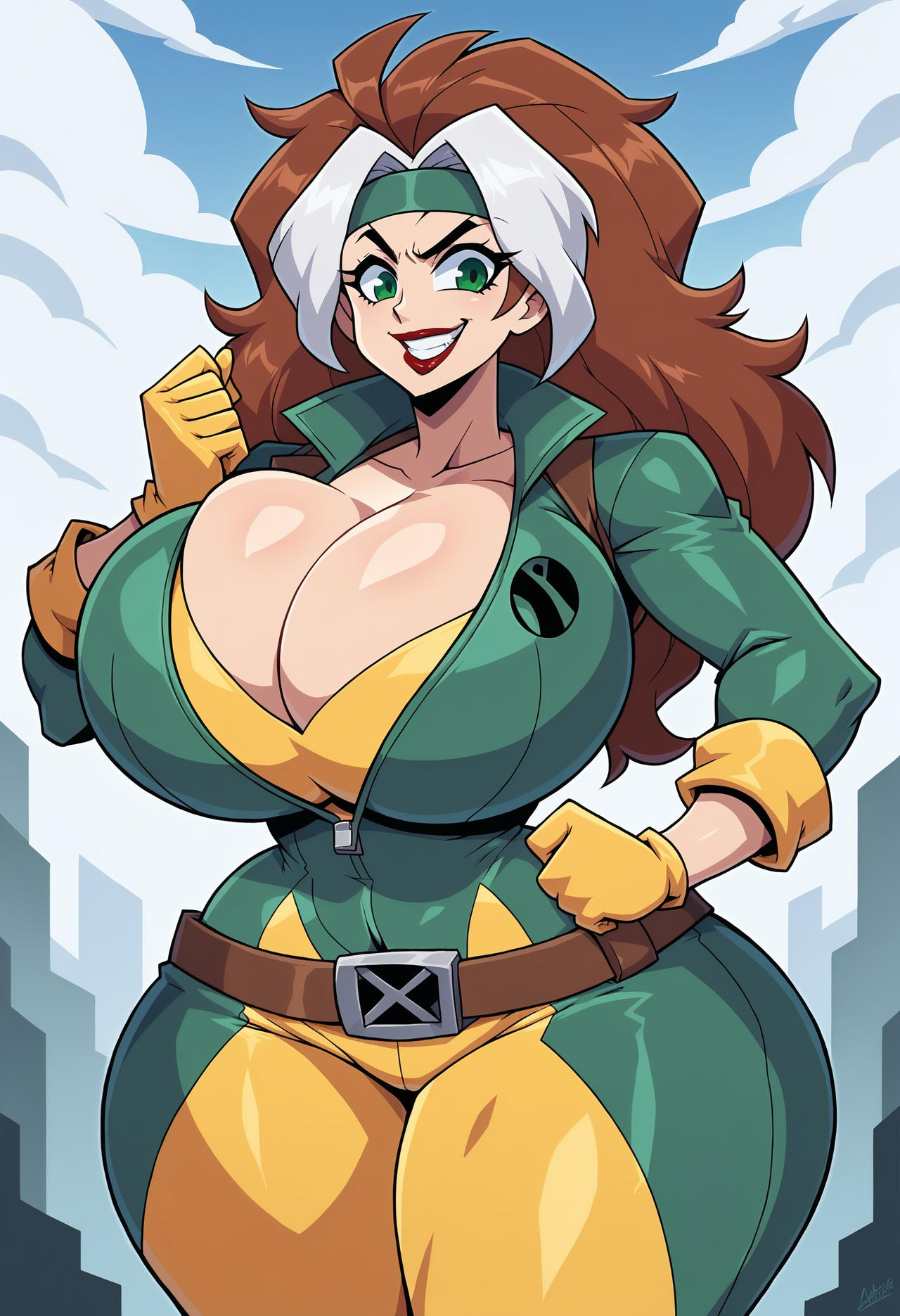 1girls ai_generated belt big_breasts child_bearing_hips cleavage clothed curvy deviantart female_only gloves green_eyes headband homelander8888 huge_breasts large_breasts lipstick marvel marvel_comics multicolored_hair mutant rogue_(x-men) source superhero superheroine thick_thighs tight_clothing two_tone_hair voluptuous voluptuous_female wide_hips x-men