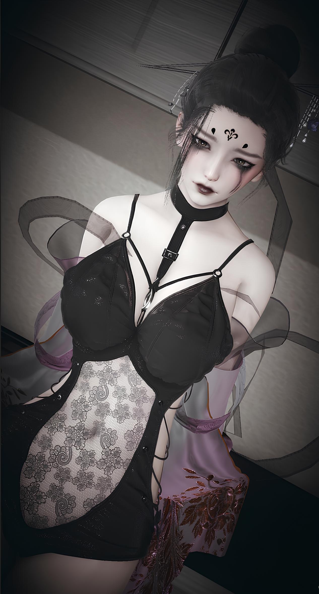 1girls 3d 4th_spider_sister black_hair black_markings black_myth:_wukong chinese_mythology choker curvy curvy_female dress lingerie looking_at_viewer makeup thick_thighs