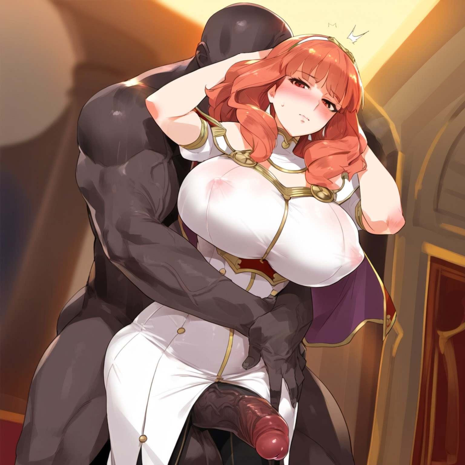 1boy, 1girls, age difference, ai generated, balls, blush, breasts, celica (fire emblem), clothed female nude male, covered nipples, dark skin, dark-skinned male, depressu, female, fire emblem, hugging, hugging from behind, interracial, large breasts, male, medium hair, nude, older male and younger female, orange eyes, orange hair, penis, princess, red eyes, royalty, solo focus, straight, sweat, teenage female, teenager, testicles, uncensored