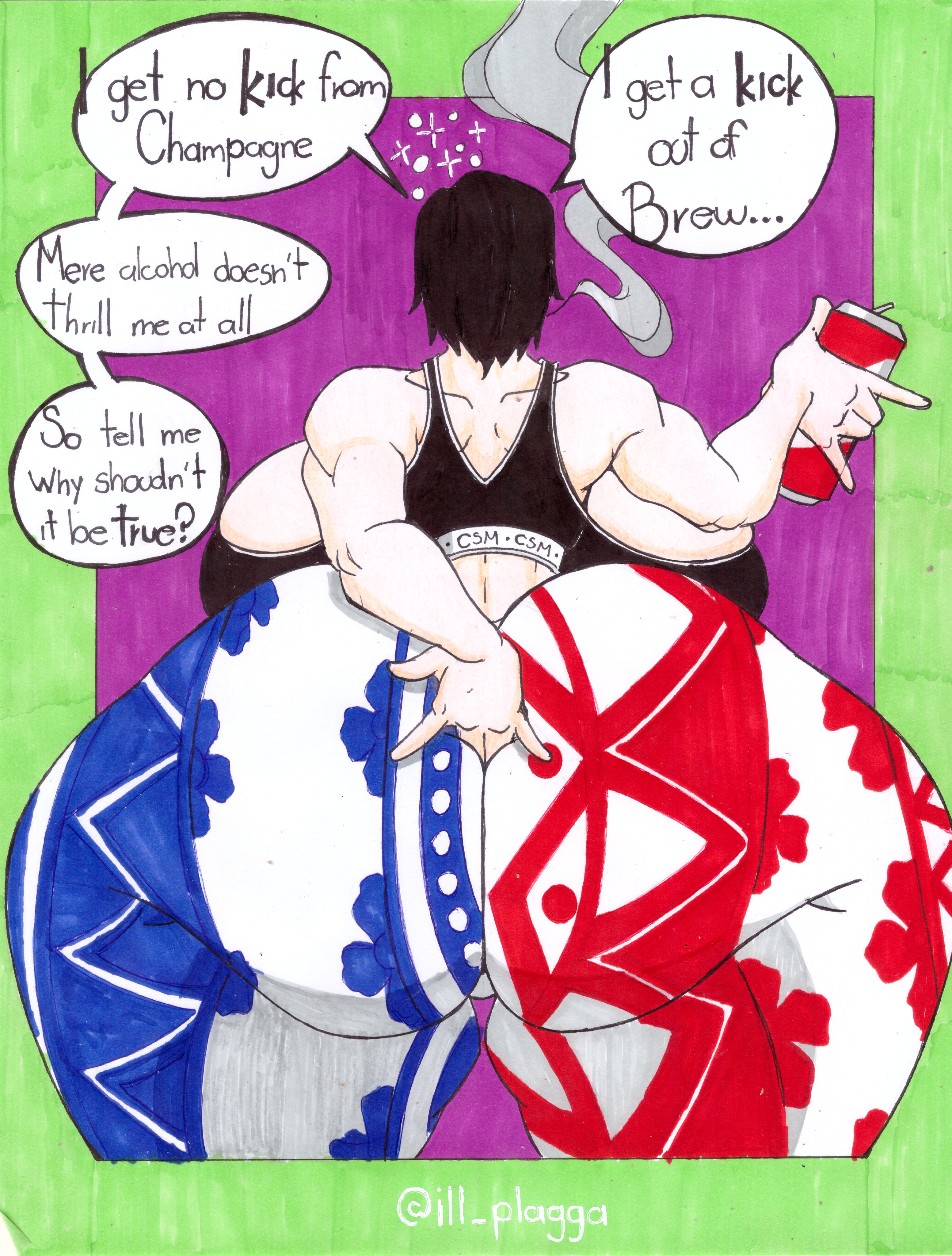 1girls, alcohol, ass, back view, backboob, big ass, bottom heavy, breasts, butt digging, chainsaw man, cleavage, dialogue, digging up in they ass, fat ass, female, flare pants, forbidden pants, himeno (chainsaw man), huge ass, ill plagga, mf doom, muscular, muscular arms, one beer, reference, text, thick ass, thighhighs, toned, toned arms, toned female, vitrioil the doctor