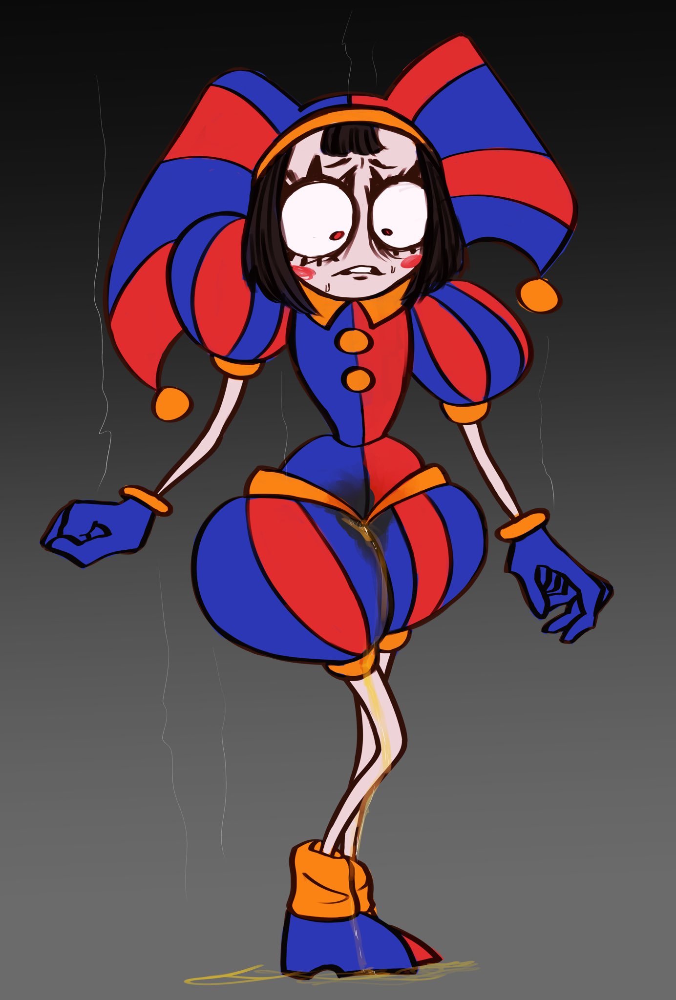 accident brown_hair clothed embarrassed female female_only jester omorashi peeing peeing_on_clothing peeing_self piss pomni_(the_amazing_digital_circus) red_eyes small_pupils sweat sweatdrop the_amazing_digital_circus thin_legs wetting wetting_self