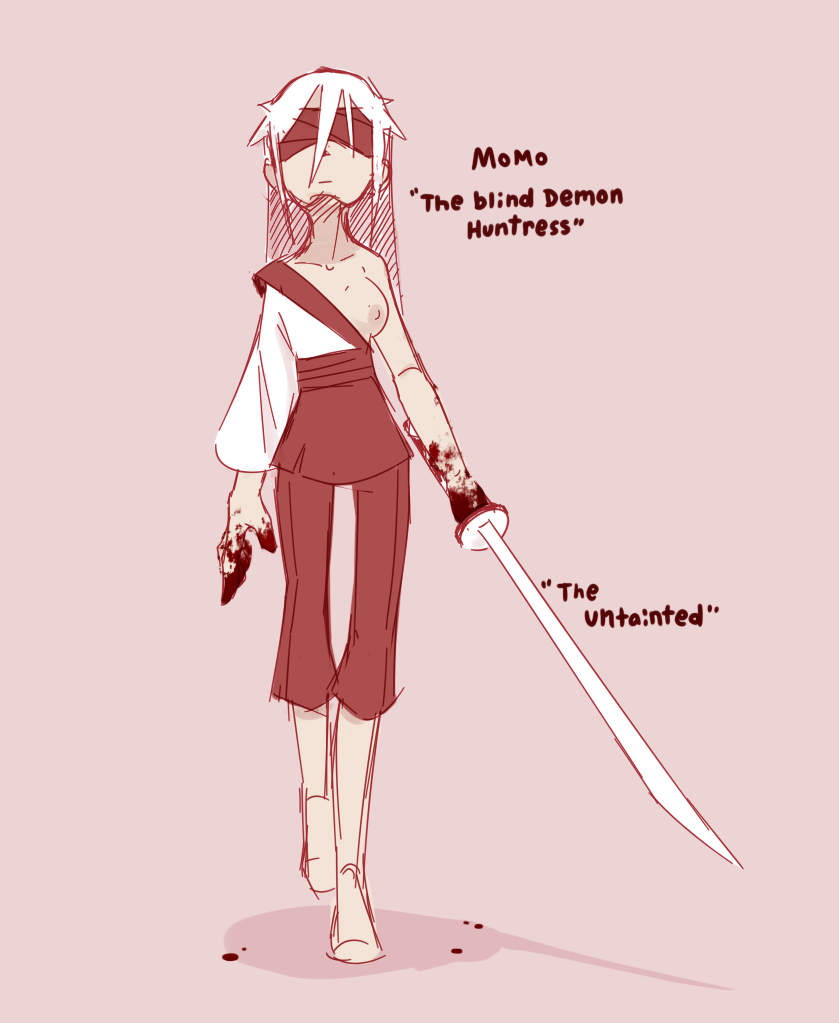 barefoot blind blindfold blindfolded blood breast breast_out female holding_object holding_weapon long_hair momo_(nekuzx) nekuzx robe walking white_hair