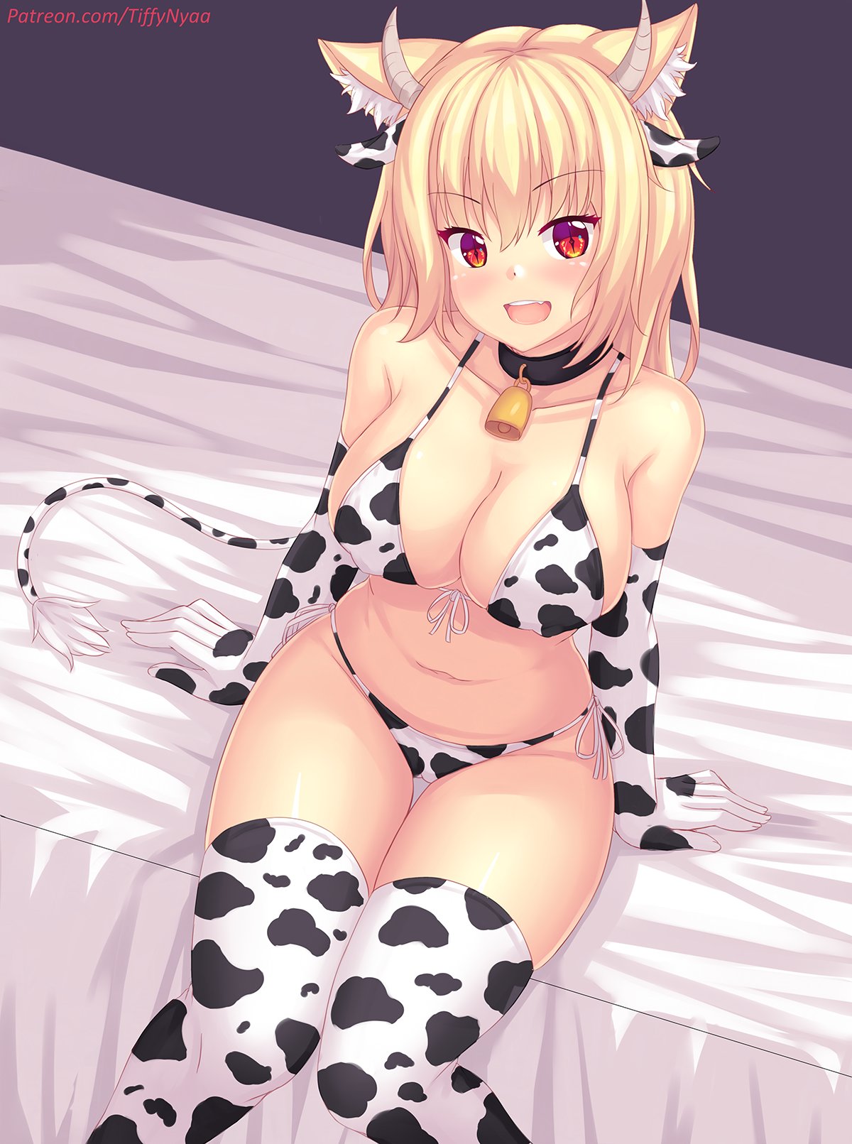1girls, animal ears, animal tail, bell collar, bikini, blonde hair, blush, bra, breasts, cleavage, collar, collarbone, cow print, cow print armwear, cow print thighhighs, eyebrows visible through hair, fang, female, female only, fox ears, fox girl, fox tail, gloves, horns, kemonomimi, knees together feet apart, large breasts, looking at viewer, navel, nekomimi, nipples, on bed, panties, pussy, red eyes, side-tie bikini, side-tie panties, sitting, tail, thighhighs, tiffy, tiffynyaa, uncensored