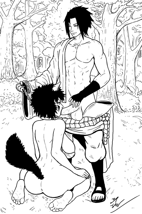 1boy 1boy1girl 1girls age_difference animal_ears animal_tail areolae ass big_breasts blowjob chains clothed_male_nude_female clothing dog_ears dog_girl dog_tail facepaint fellatio forest inuzuka_tsume kneeling large_breasts leash long_hair mature mature_female milf monochrome mother naked naruto naruto_(series) naruto_shippuden nipples nude older_female oral outdoors penis petplay sasuke_uchiha standing tail younger_male