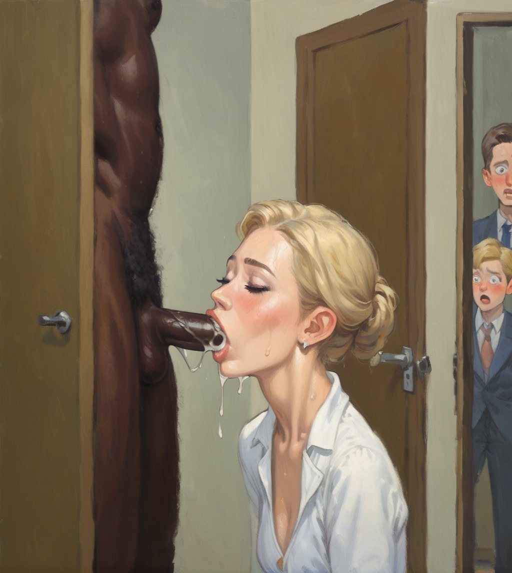 ai generated, blonde hair, caught, cheating, cheating wife, dark skin, dark-skinned male, fellatio, kneeling, male, mother and son, taprincesserose