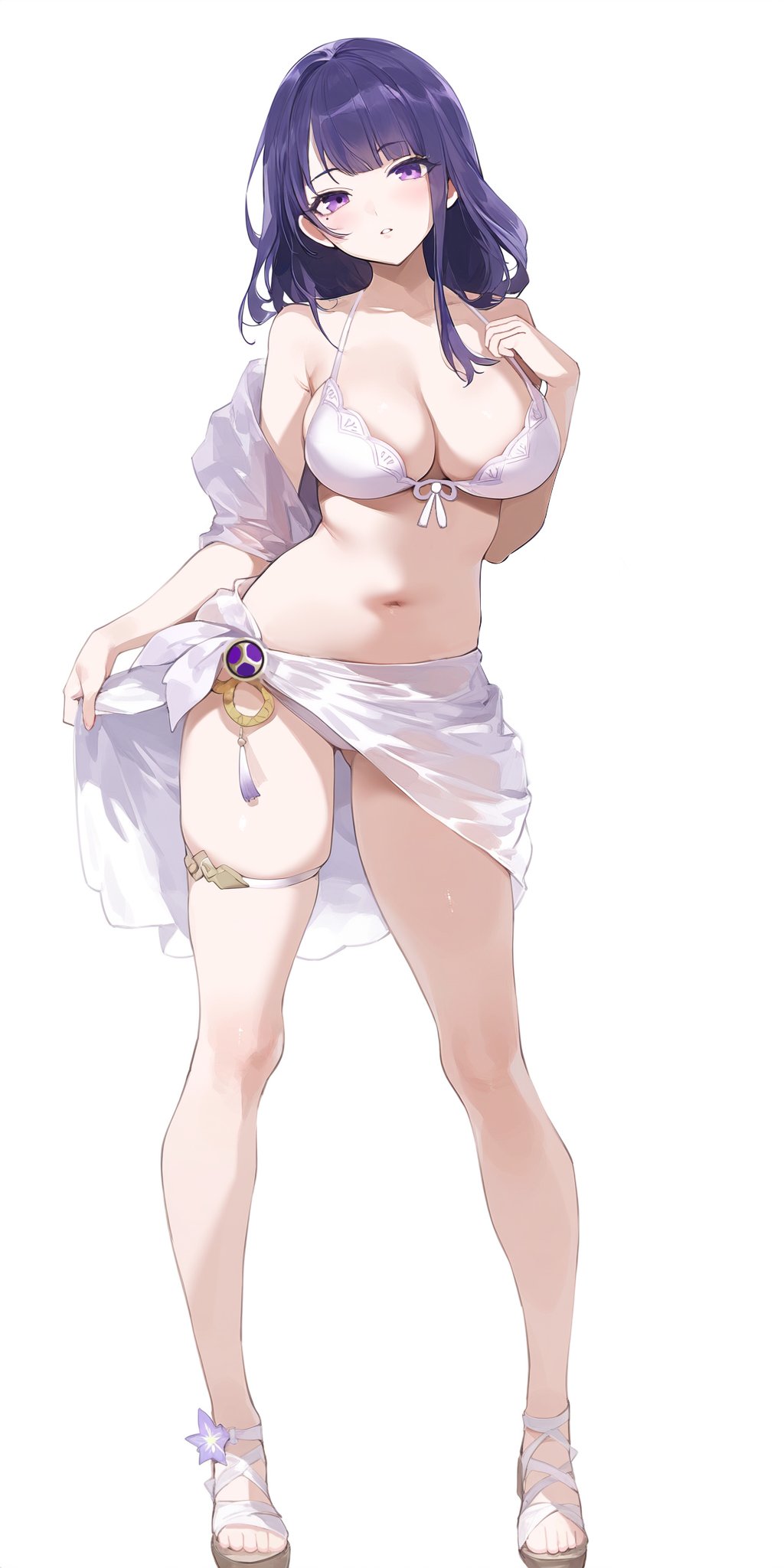 1girls, 2024, ai generated, alternate costume, belly button, big breasts, bikini, bikini bottom, bikini top, bra, breasts, cleavage, crowna77, female, female focus, female only, front view, full body, genshin impact, high resolution, highres, hourglass figure, hoyoverse, light skin, light-skinned female, long hair, long legs, looking at viewer, mature, mature female, mihoyo, navel, purple eyes, purple hair, raiden shogun, sandals, simple background, solo, solo female, solo focus, standing, swimsuit, thong, thong bikini, two piece swimsuit, white background, white bikini, white bikini bottom, white bikini top
