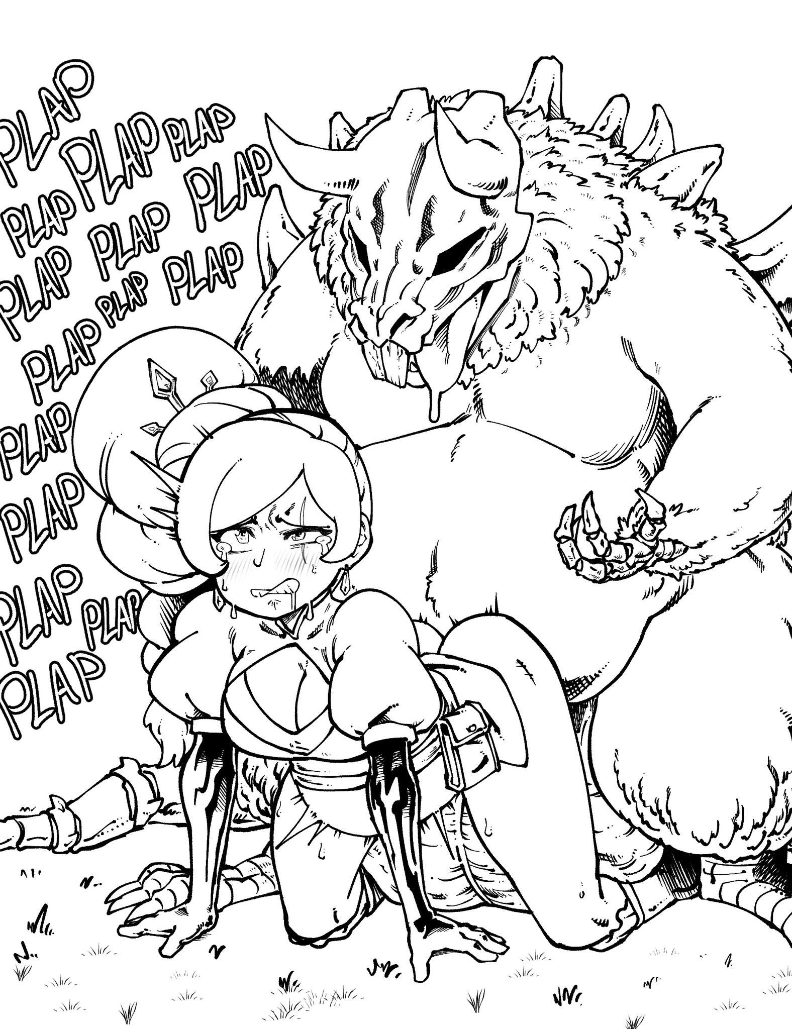 black and white, blush, clenched teeth, defeat, defeat sex, defeated, doggy style, drool, female, forced, from behind, grimm (rwby), male, monochrome, monster, monster male, monster on female, monster rape, noahdoesart, plap, plapping, rape, rwby, sketch, sweat, tagme, weiss schnee