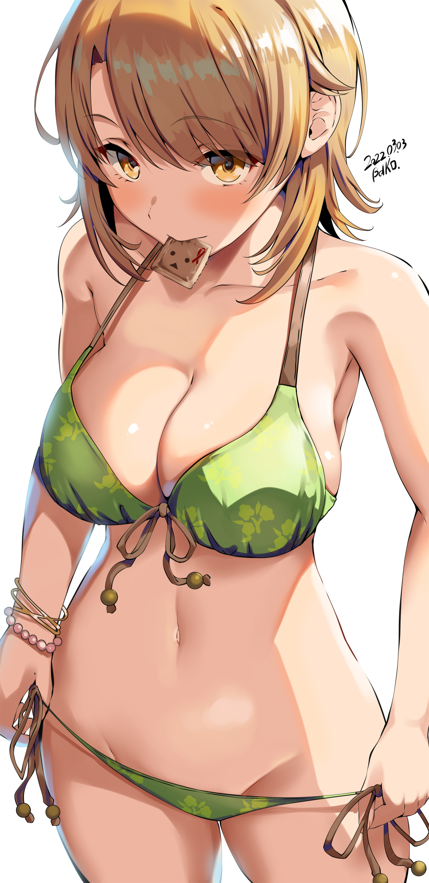 1girls, bare shoulders, belko, bikini, bikini bottom, bikini bottom pull, bikini top, breasts, brown hair, eyebrows, eyebrows visible through hair, female, female only, green bikini, high resolution, highres, hips, isshiki iroha, light skin, light-skinned female, looking at viewer, my teen romantic comedy snafu, navel, short hair, simple background, solo, thighs, waist, white background