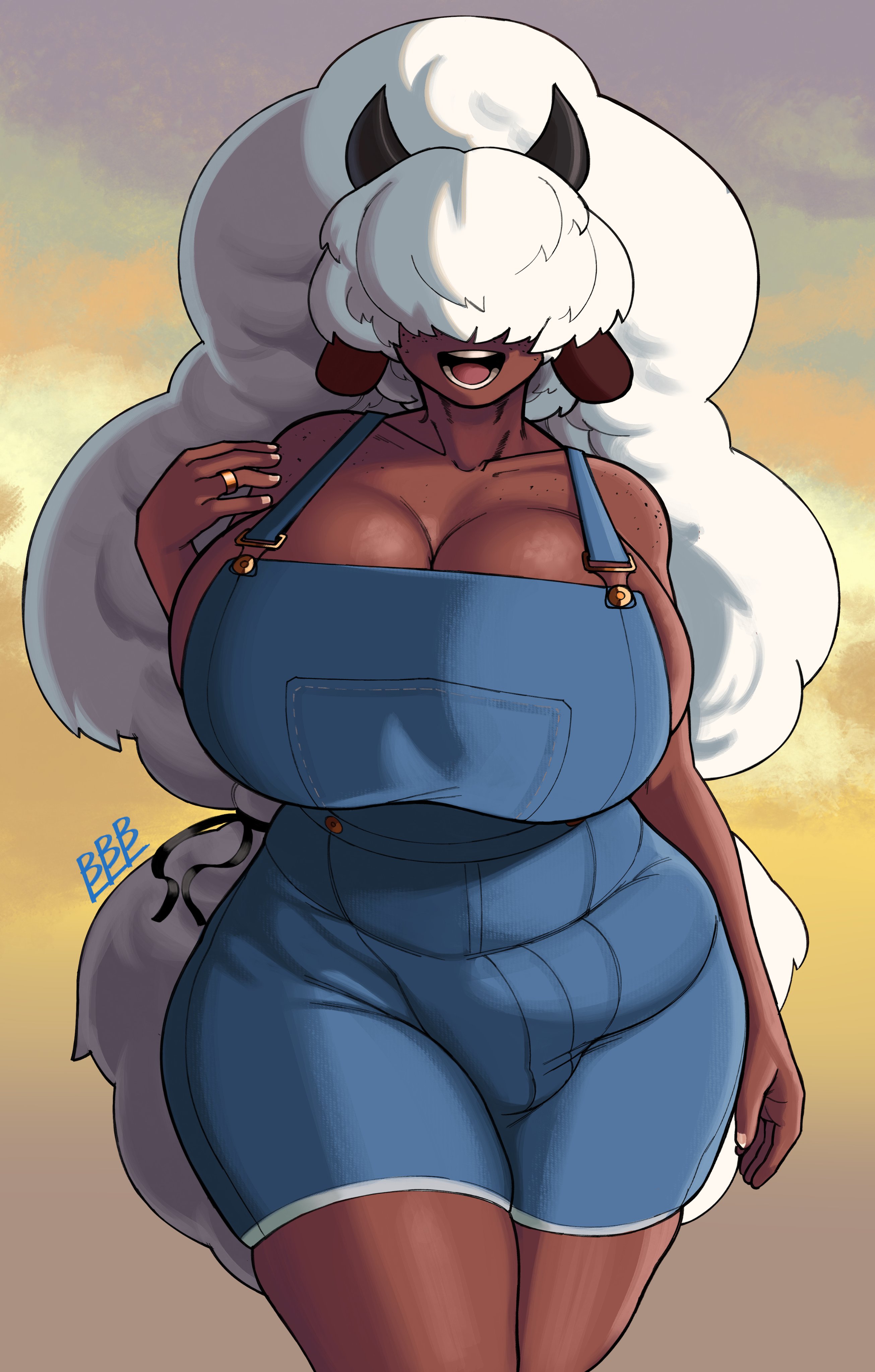 1futa, 5 fingers, absurd res, accessory, animal humanoid, anthro, anthro only, bare shoulders, big breasts, big bulge, biped, blue bottomwear, blue clothing, blue topwear, bottomwear, bovid, bovid humanoid, breasts, brown body, brown skin, bulge, bunybunyboi, caprine, caprine humanoid, cleavage, clothed, clothes, clothing, cloud, curvy figure, dark body, dark skin, dark-skinned futa, denim, denim clothing, emma (bunybunyboi), erection under clothes, farmer, farmgirl, female, fingers, floppy ears, freckles, freckles on shoulders, front view, fully clothed, futa only, futanari, genital outline, hair, hair accessory, hair over eyes, hair ribbon, hi res, hidden eyes, hips, horn, horns, hourglass figure, huge breasts, humanoid, humanoid hands, intersex, large breasts, long hair, looking at viewer, mammal, mammal humanoid, monotone hair, open mouth, open smile, outside, overalls, penis, penis outline, ribbons, ring, shadow, sheep, sheep humanoid, sky, smile, solo, standing, tagme, teeth, thick, thick thighs, thighs, tongue, topwear, voluptuous, wedding ring, white hair, wide hips